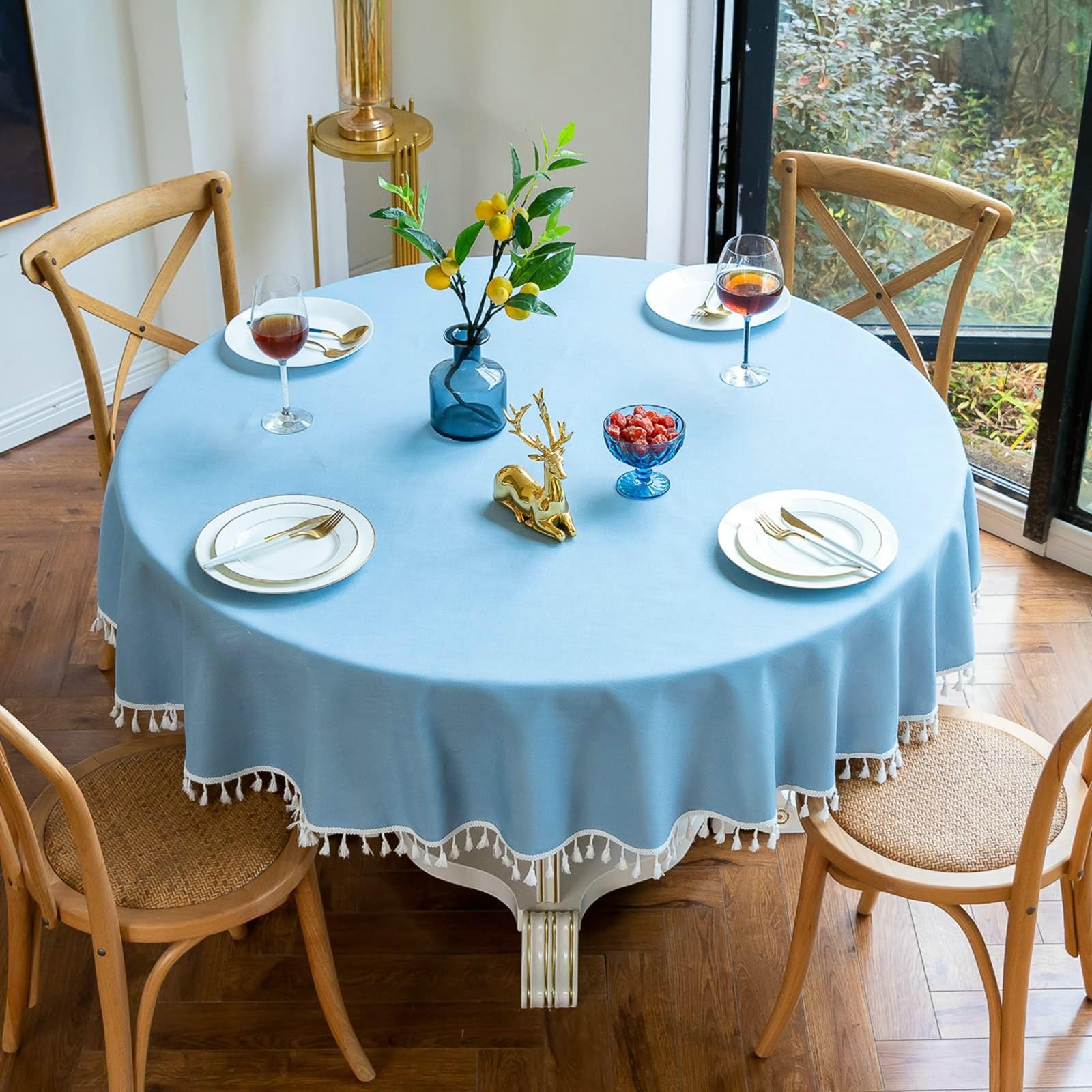 Gualiy Mantel Redondo de Tela, Poliéster Mantel Cocina Cafe Round 160CM Manteles de Mesa Antimanchas Color Sólido con Borlas Mantel para Mesa Cocina, Azul