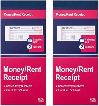 XKDOUS 2 Pack Money and Rent Receipt Book, 2-Part Carbonless, 2-3/4" x 6-1/2" Receipt Book for Small Business, 50 Sets per Book