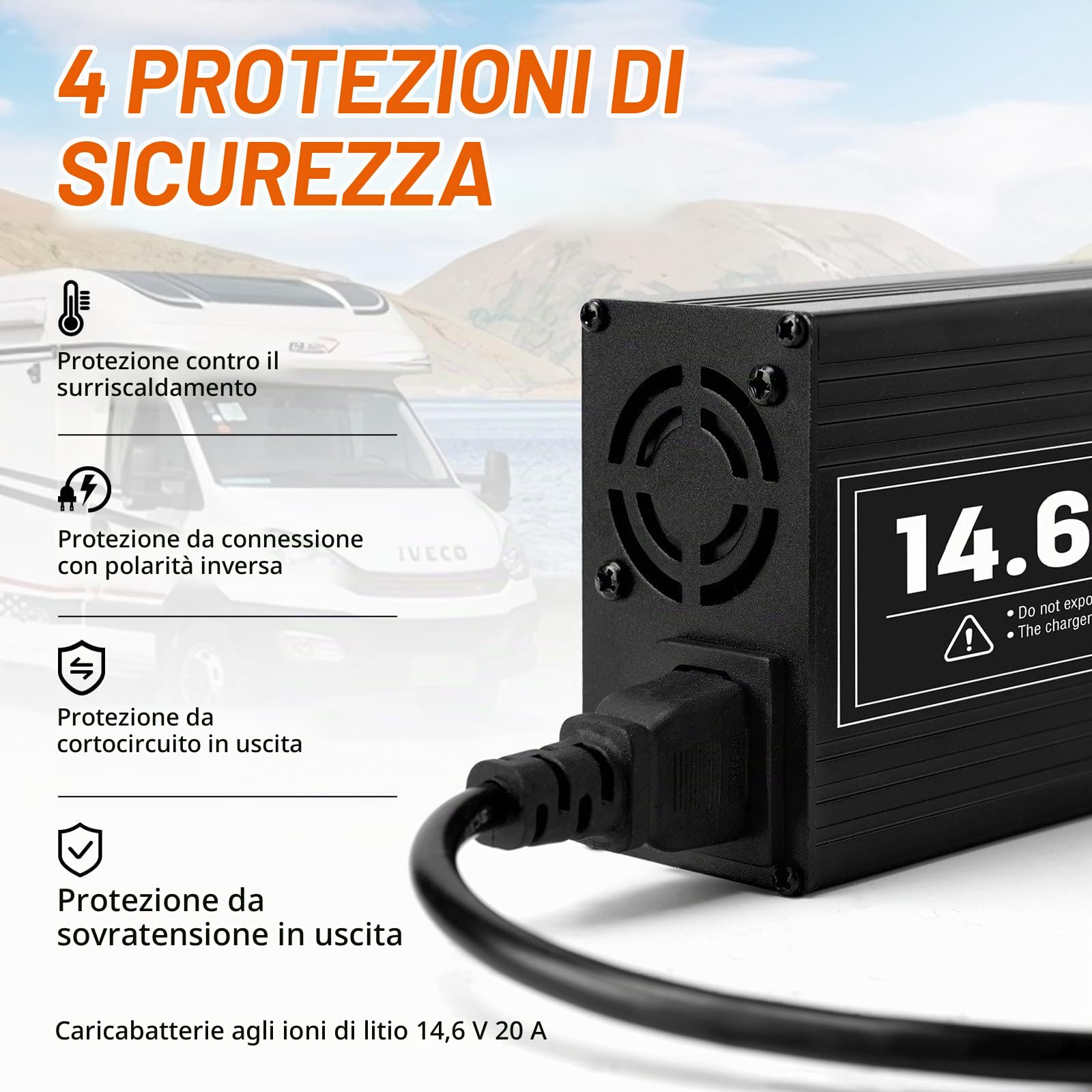 Caricatore LiFePO4 da 14,6 V, 20 A, con connetore impermeabile LD20, 3 stadi al litio con ricarica rapida per batteria LiFePO4 Deep Cycle, auto, camion