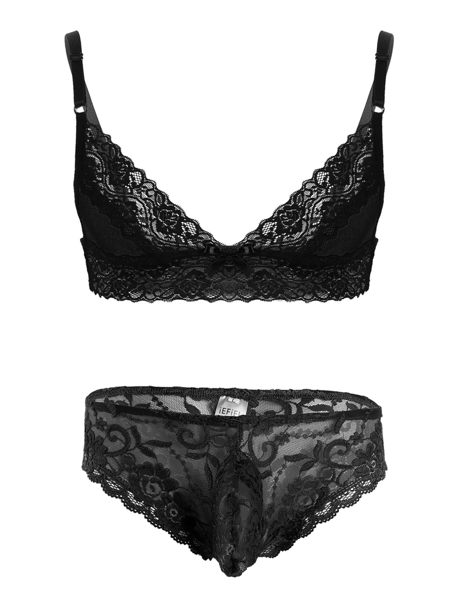 iiniim Sissy Lingeries Homme sous Vêtement Ensemble Dentelle Lingiere Transparent Bra Soutiens-Gorge avec String Travesti Nuisette M-4XL Noir J M