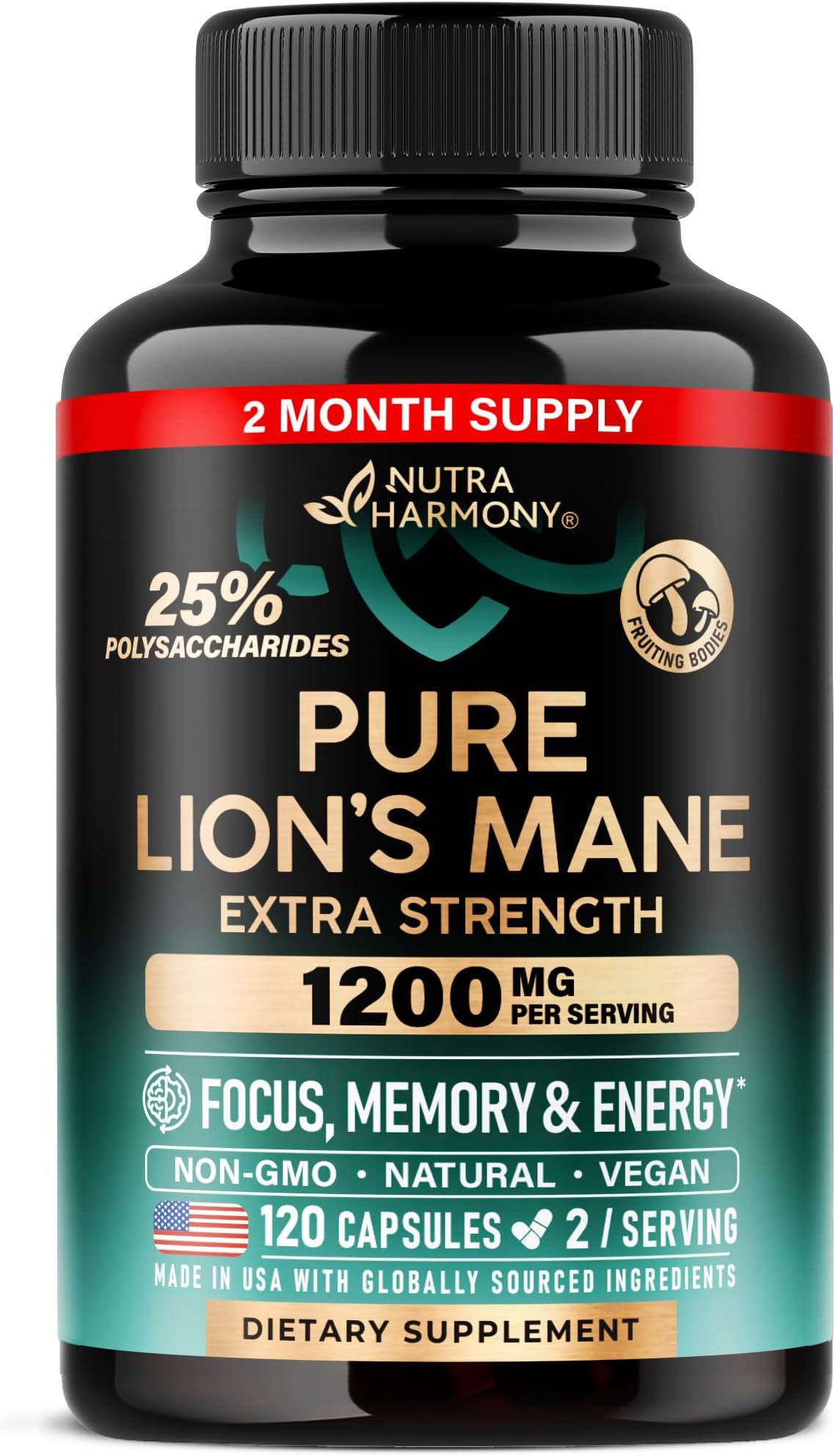 Lions Mane Supplement Capsules - for women & Men - Organic Lions Mane - Fruiting Bodies Extract - 1200 mg, 25% Polysaccharides - Memory & Focus Support - As Lions Powder - 120 Capsules, 2 Month Supply