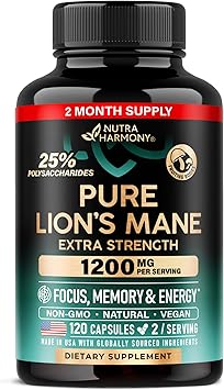 Lions Mane Supplement Capsules - for women & Men - Organic Lions Mane - Fruiting Bodies Extract - 1200 mg, 25% Polysaccharides - Memory & Focus Support - As Lions Powder - 120 Capsules, 2 Month Supply