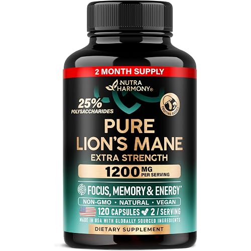 Lions Mane Supplement Capsules - for women & Men - Organic Lions Mane - Fruiting Bodies Extract - 1200 mg, 25% Polysaccharides - Memory & Focus Support - As Lions Powder - 120 Capsules, 2 Month Supply