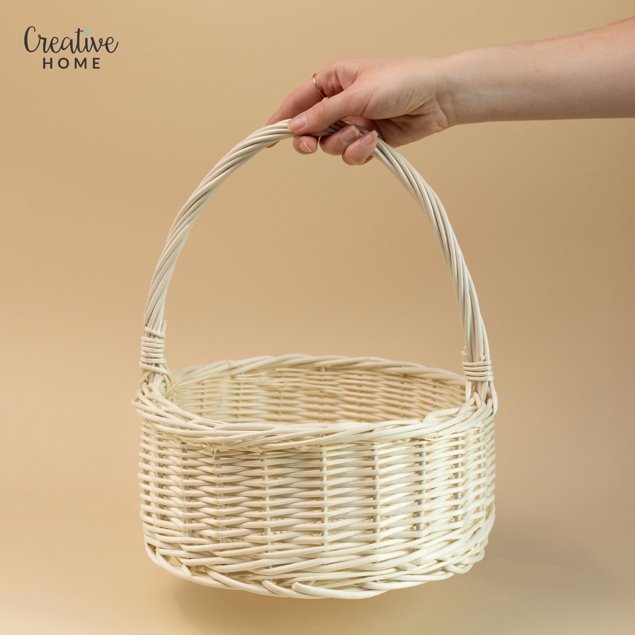 Creative Home Cesto Pasquale Ovale Bianco Crema 30 x 30 x 32 cm | Piccolo Cestino in Vimini con Manico | Cesta Vimini Intrecciata a Mano | Cestino da Giardino, Regalo Natale, Frutta