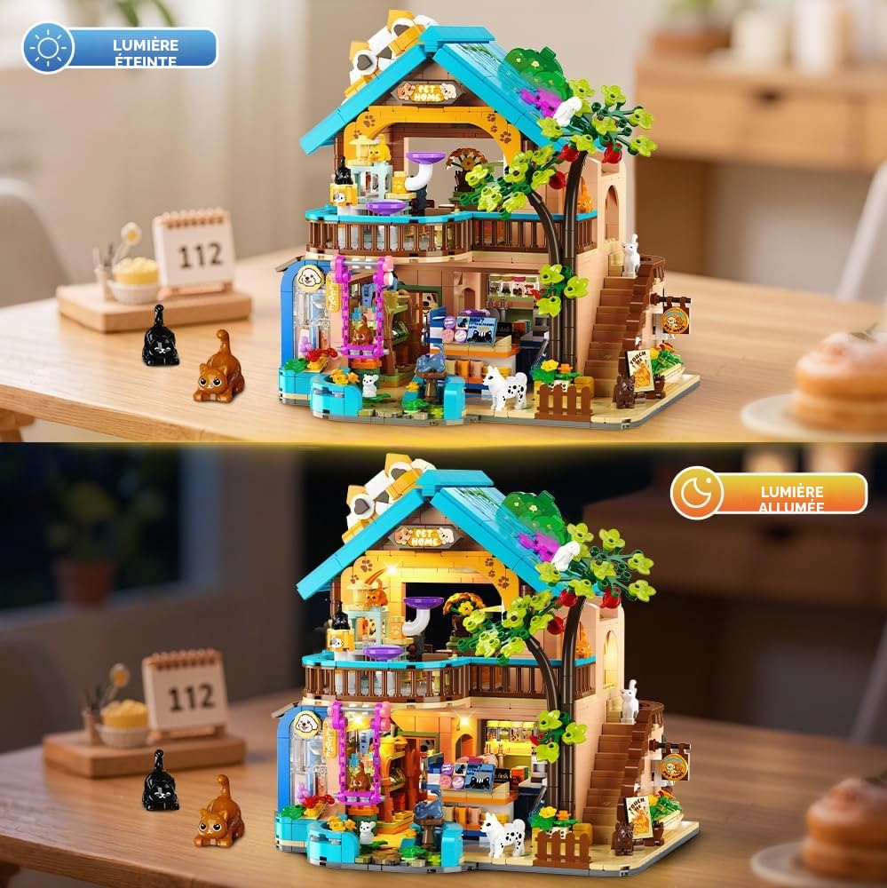 INSOON Animalerie de Ville avec Lumière pour Adultes et Enfants dès 8 Ans | Animalerie avec chats, chiens et lapins, bâtiment urbain à construire, modèle décoratif et cadeau pour enfants, 1431 pièces