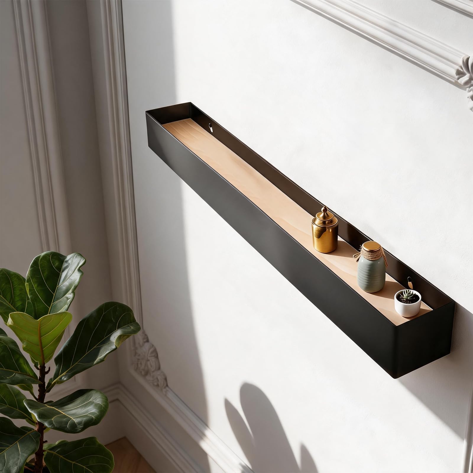 Garderobe Wand 60 cm, Schwarzer Wandhaken Garderobe, Wandgarderobe mit Ablage mit 7 Versteckten Haken, Schlicht und Passend für Verschiedene Einrichtungsstile, für Schlafzimmer, Wohnzimmer