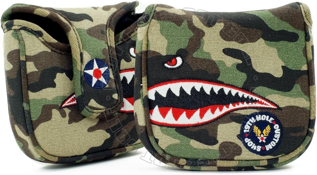 19th Hole Custom Shop Fighter Plane High-MOI Mallet Putter Headcover, Heel Shaft, Camouflage, Golf Head Cover