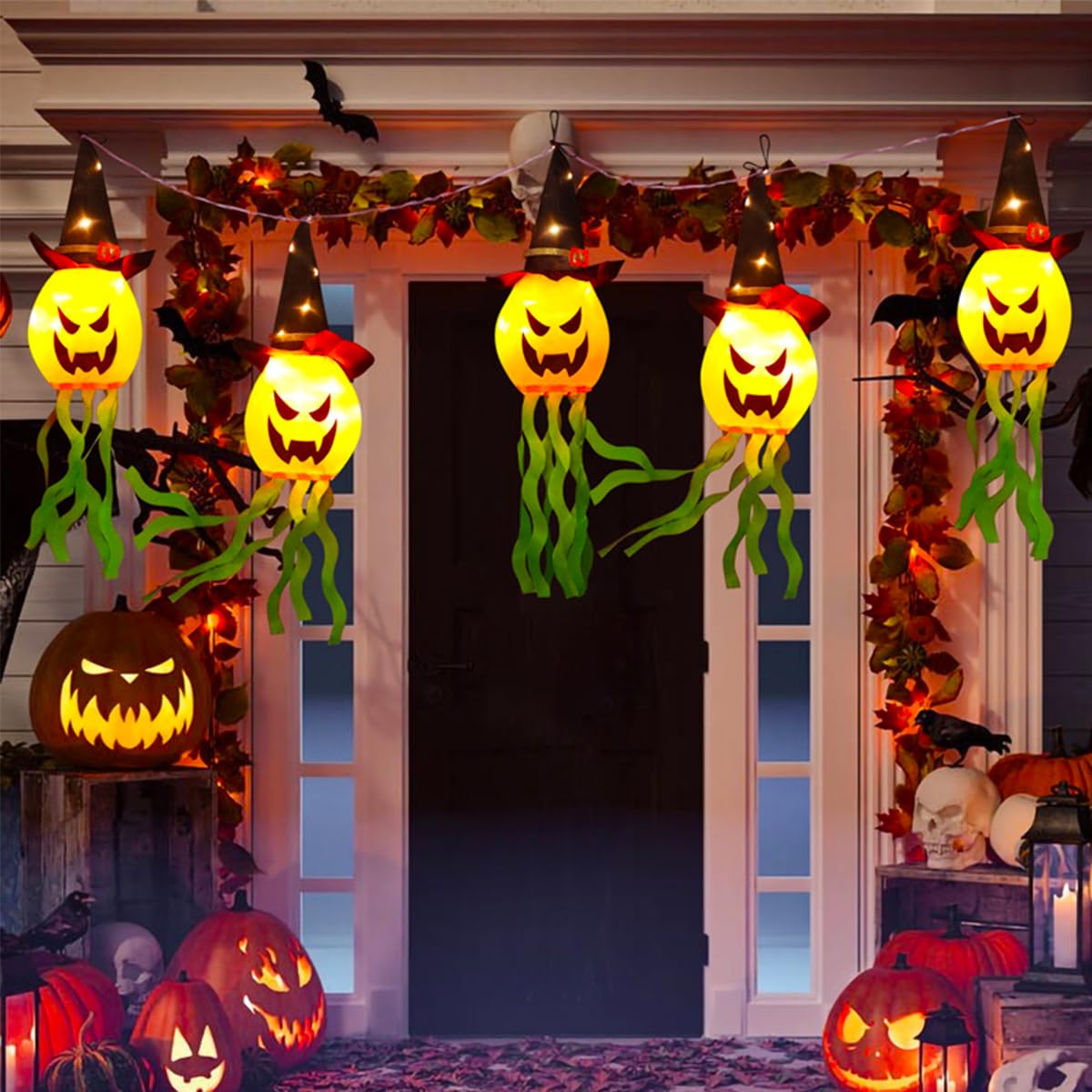 5Pcs Halloween Pumpkin Lights - Outdoor/Indoor Decor, Hanging Lights for Patio, Lawn, Garden