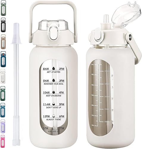 Miniatura 27 de kytffu Botellas de agua de vidrio de 64 onzas con popote, botella de vidrio motivacional de medio galón con funda de silicona y marcador de tiempo
