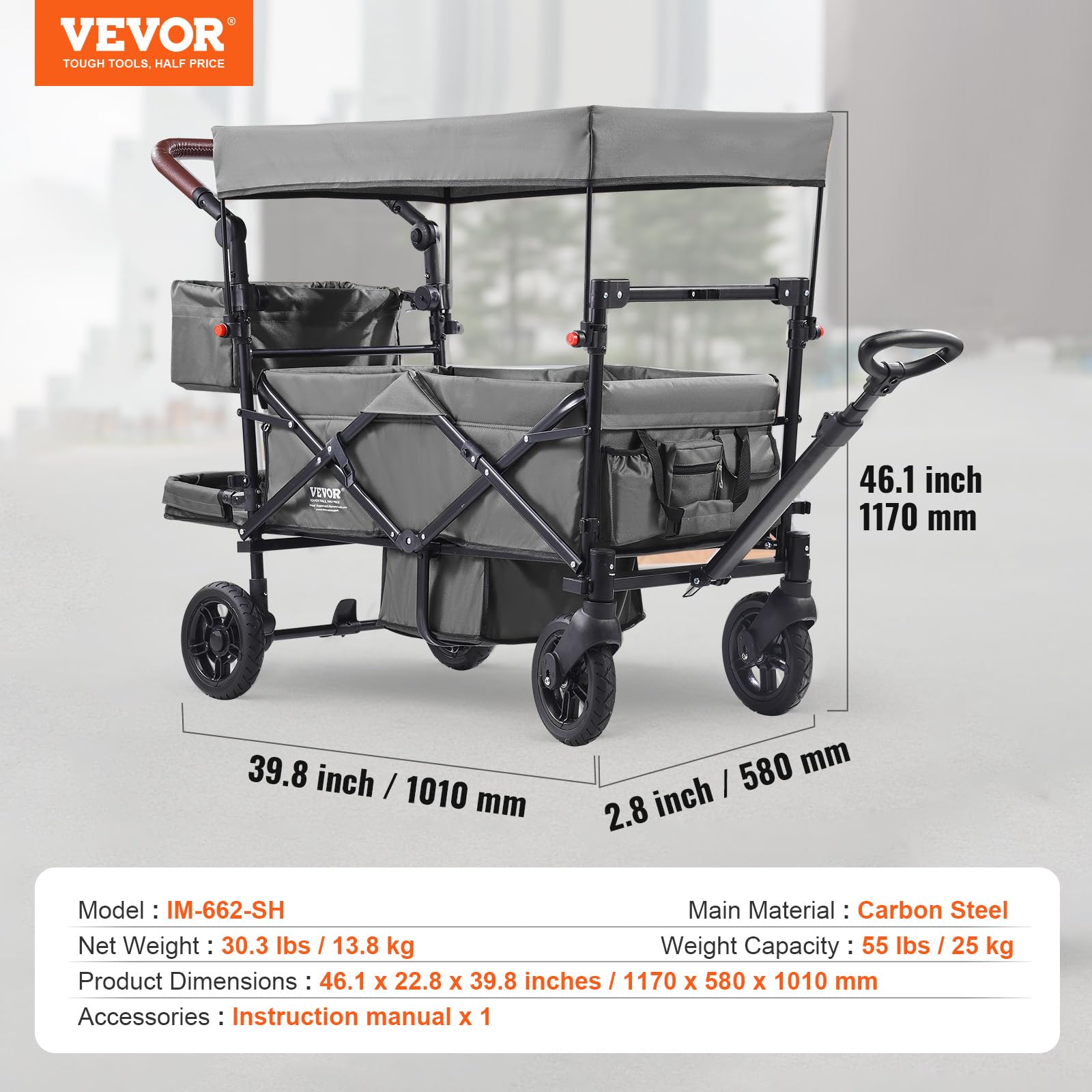 VEVOR Passeggino Wagon per 2 Bambini, Passeggino Pieghevole con Maniglia Regolabile, Tettuccio Rimovibile, Lmbracatura Circolare, 4 Ruote Freni Passeggino Portatile Multifunzione Campeggio, Grigio