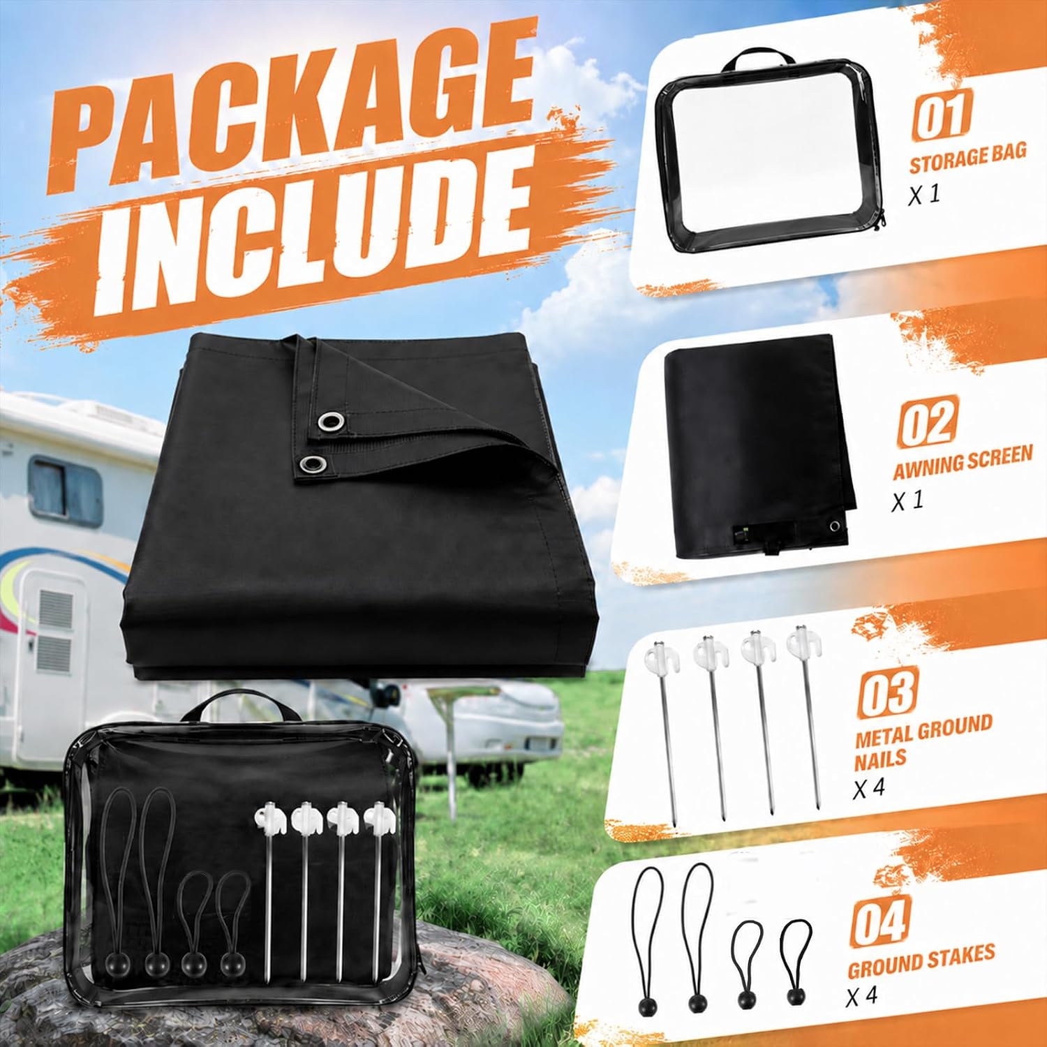 RV Awning Sun Shade Screen with Zipper 8' x 14'3''(Fit for 15' Awning)