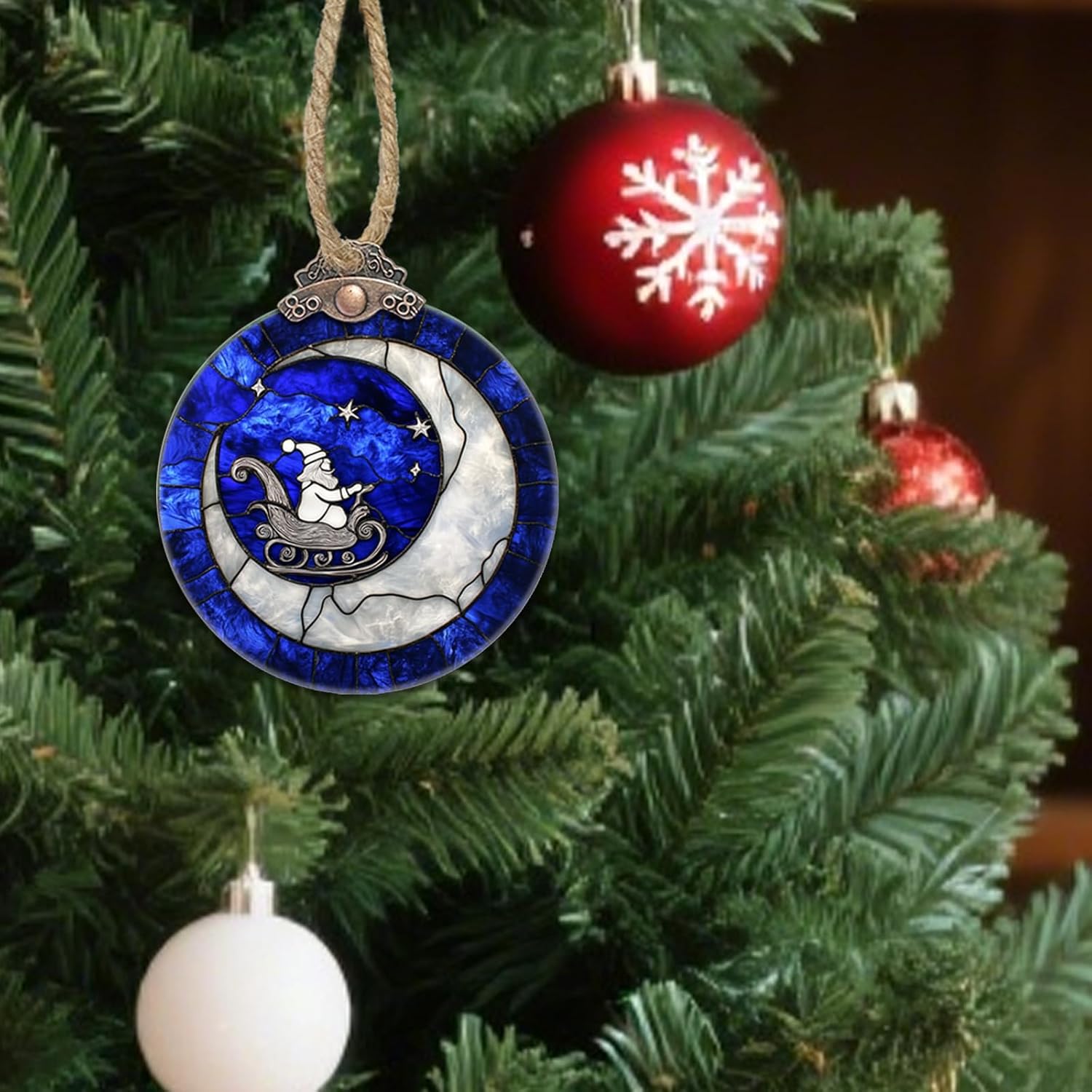 Stained Glass Christmas Decorations, Santa Claus On The Moon Suncatcher for Window Christmas Tree Hanging Ornaments Blue White Sun Catcher Xmas Decor Gifts for Women Men Mom Nana Friend - Image 4