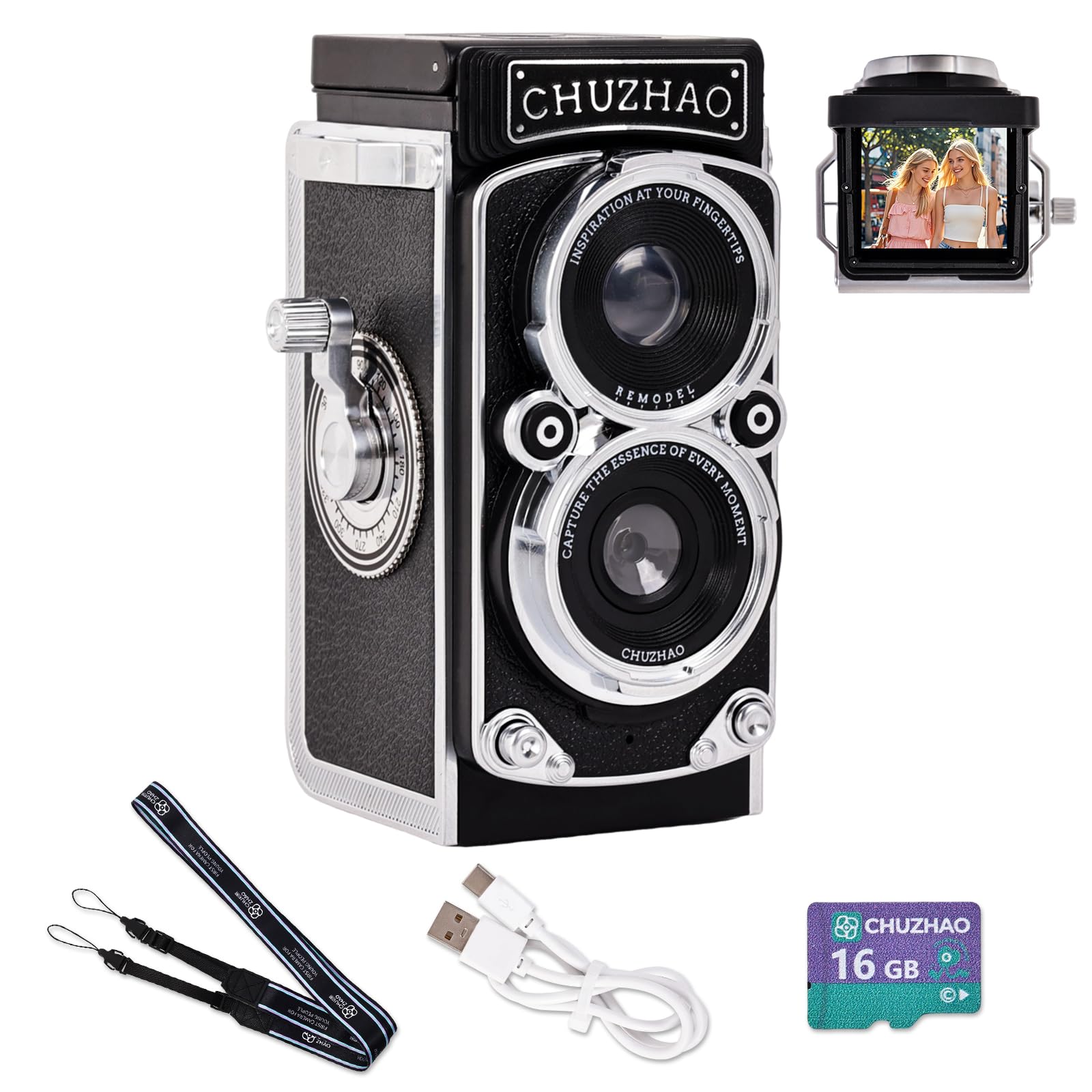Redcomets Mini Retro Digital Camera - Vintage TLR Style Point and Shoot Auto Focus Vlogging Camera, Compact & Portable, 16GB Card Included, Ideal for