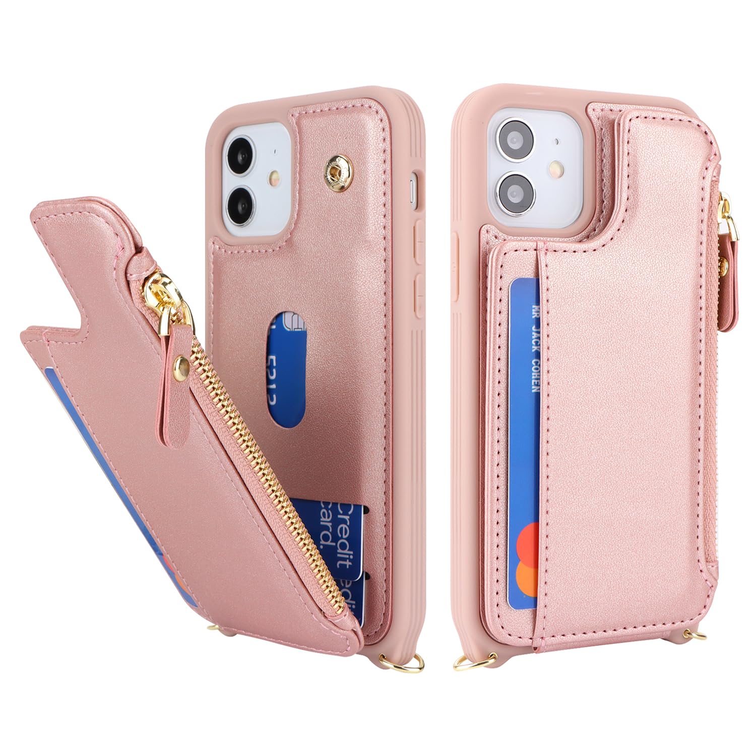 SailorTech Custodia per iPhone 12 in Pelle Portafoglio con porta carte di credito, Cover per iPhone 12 Pro Cellulare Regolabile Collana con slot per carte di credito - Oro Rosa
