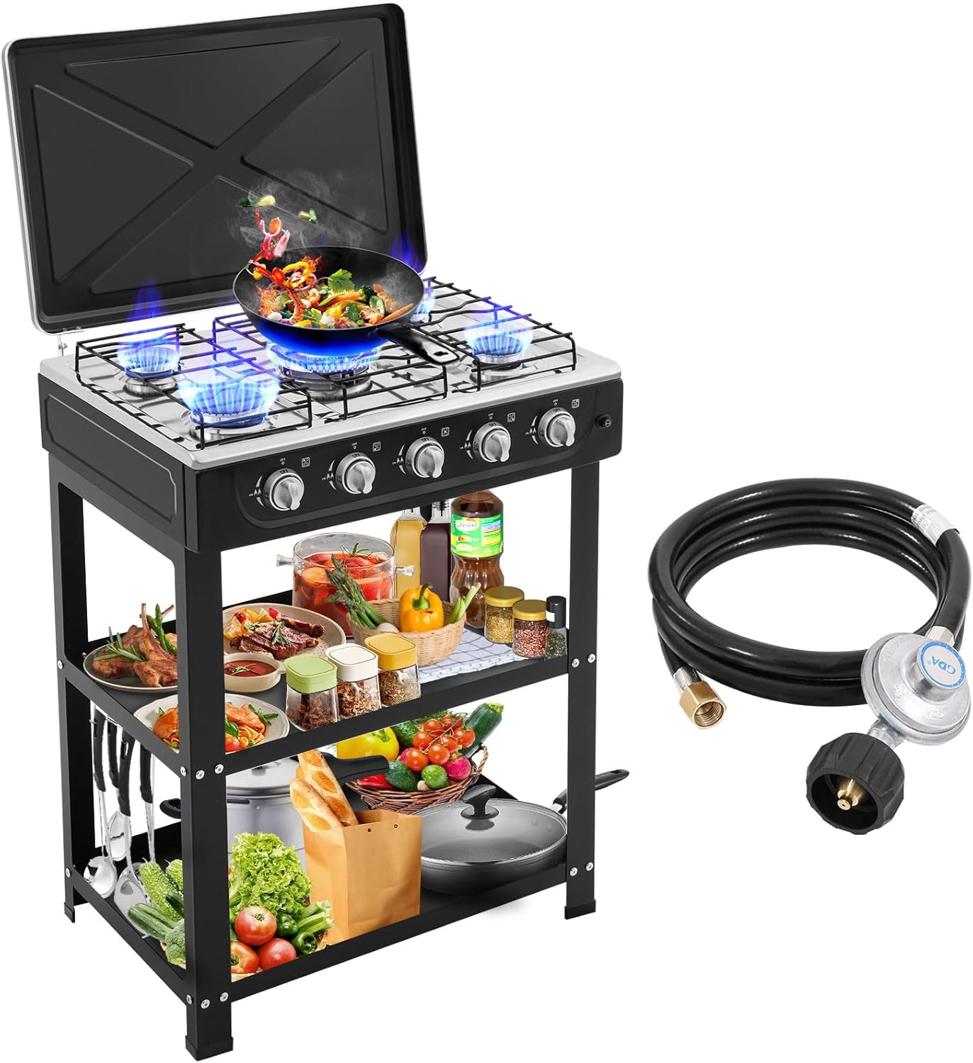 5 Burner Propane Gas Stove,400000BTU Portable Gas Stove with Support Leg Stand and Wind Blocking Cover Adapter Auto Ignition Camping Stove,propane burner for RV, Apartment, Outdoor Cooking