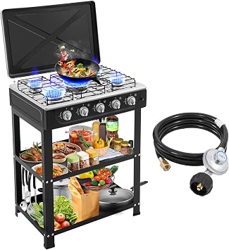 5 Burner Propane Gas Stove, 400000 BTU Portable Gas Stove with Support Leg Stand and Wind Blocking Cover Adapter Auto Ignition Camping Stove, Propane Burner for RV, Apartment, Outdoor Cooking