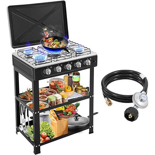 5 Burner Propane Gas Stove,400000BTU Portable Gas Stove with Support Leg Stand and Wind Blocking Cover Adapter Auto Ignition Camping Stove,propane burner for RV, Apartment, Outdoor Cooking