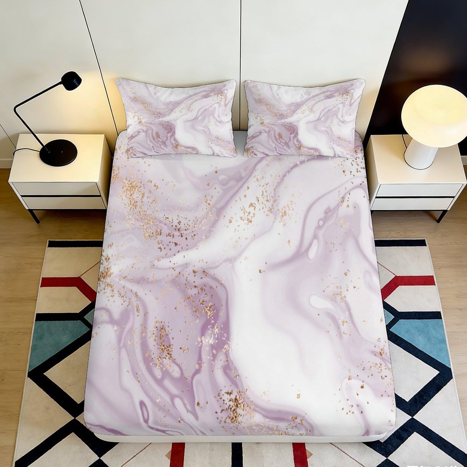 3D Printed Marble Swirl Fitted Sheet Microfiber Soft Washable Pink Gold Abstract Bed Cover for Bedroom Guest Room 90x200x25cm
