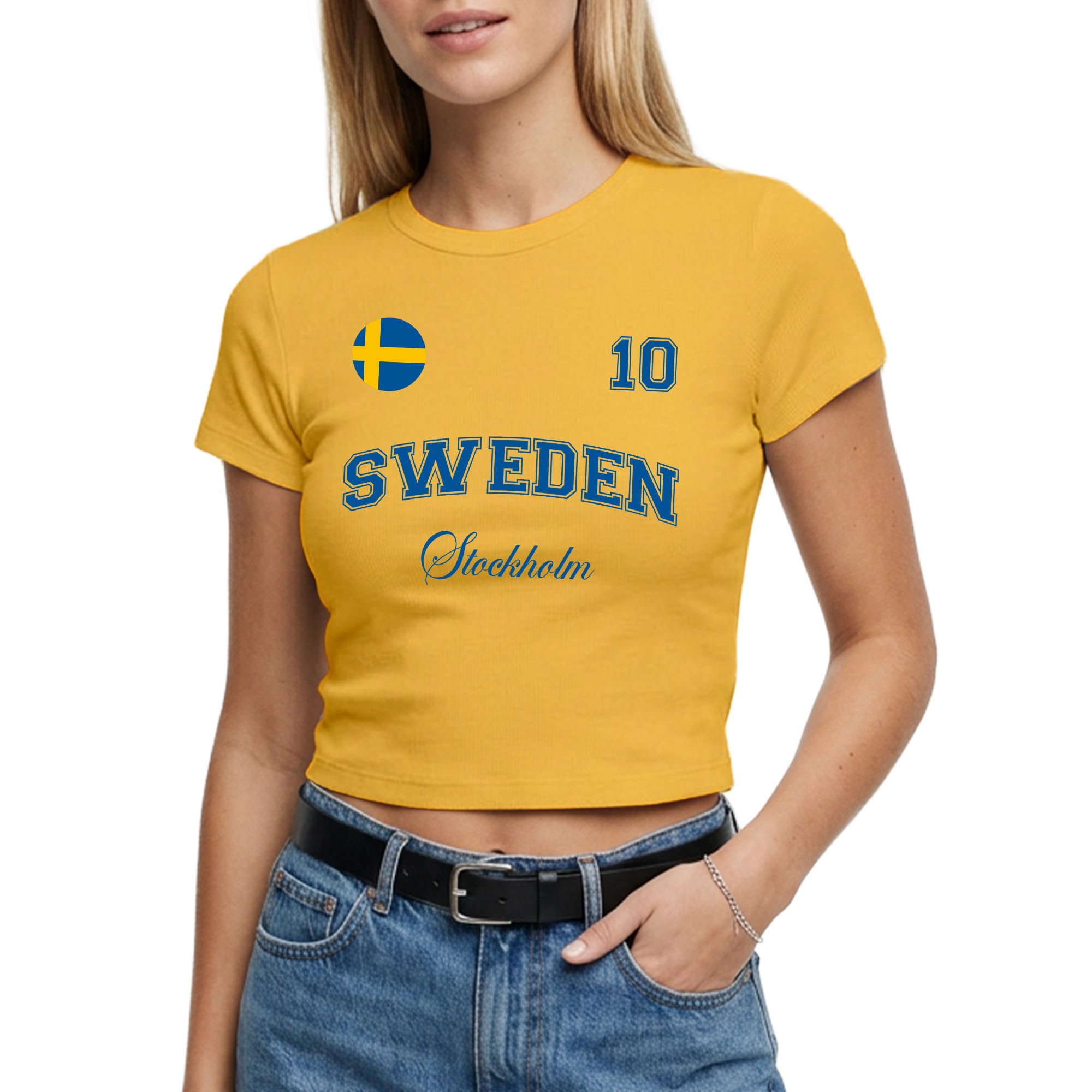 Sweden Womens Baby Tee - Custom City Name Number Badge Short Top Tshirt Ladies Swedish Supporter Fan Top, M, Yellow