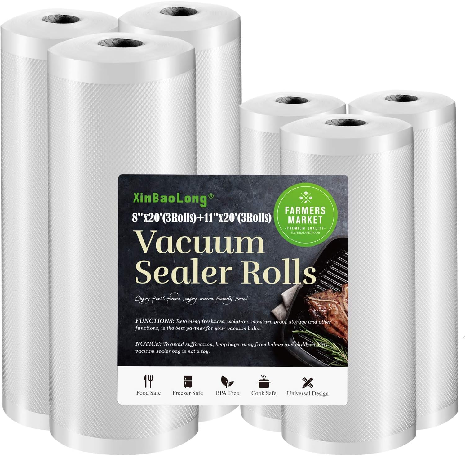 Vacuum Sealer Bags For Food: 6 Pack 3 Rolls 11"x20' + 3 Rolls 8"x20' Commercial Grade BPA Free Bag Rolls Durable Customized Size Food Vac Bags for Storage and Sous Vide Cooking Puncture Prevention