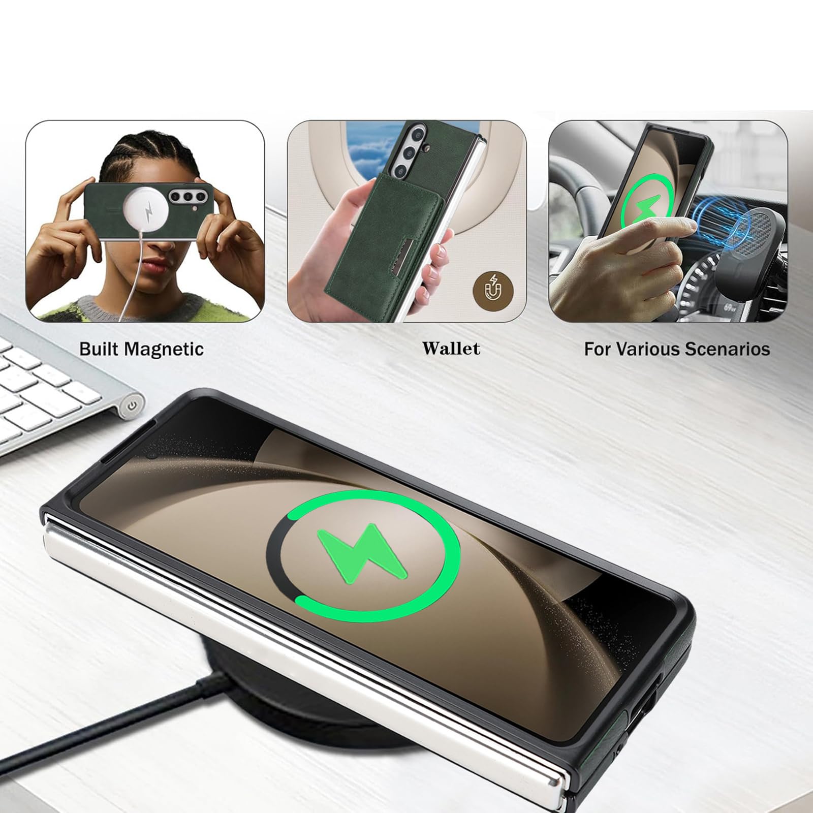 Custodia magnetica for Samsung Galaxy Z Fold 8 Ultra, funzione supporto Cover posteriore for telefono Protezione aziendale Guscio Portafoglio in pelle staccabile leggero e sottile(Green)
