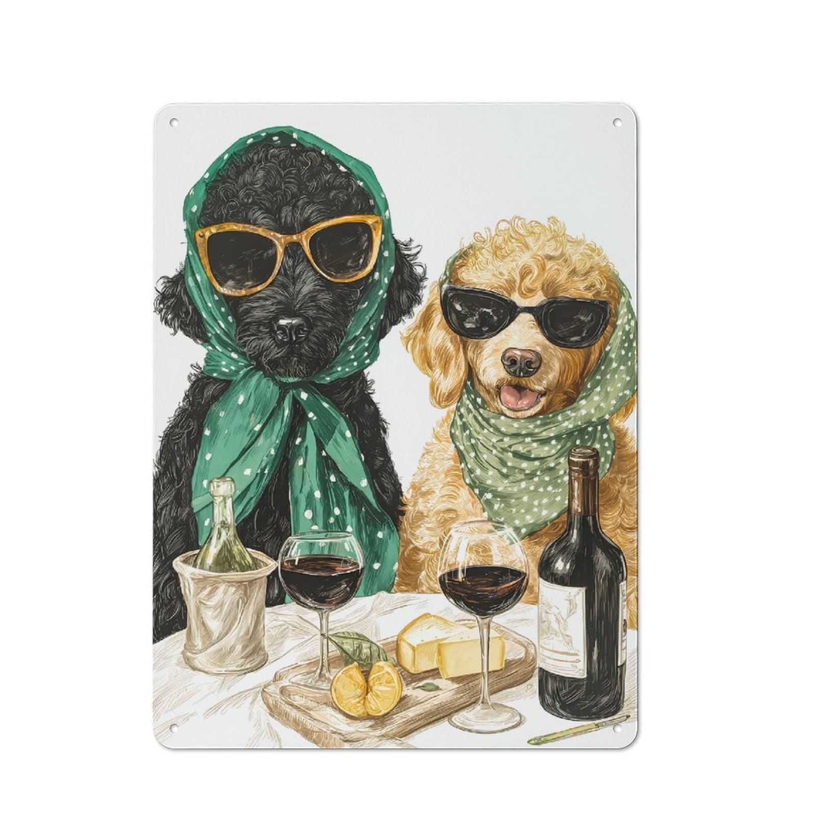Junmoney Style-22 Stylish Dogs Enjoying Wine And Cheese Retro Metal Wall Decor 40X30cm, Metal Sign For Pub, Home Bar, Shed Or Man Cave, For Relaxed Wall Styling