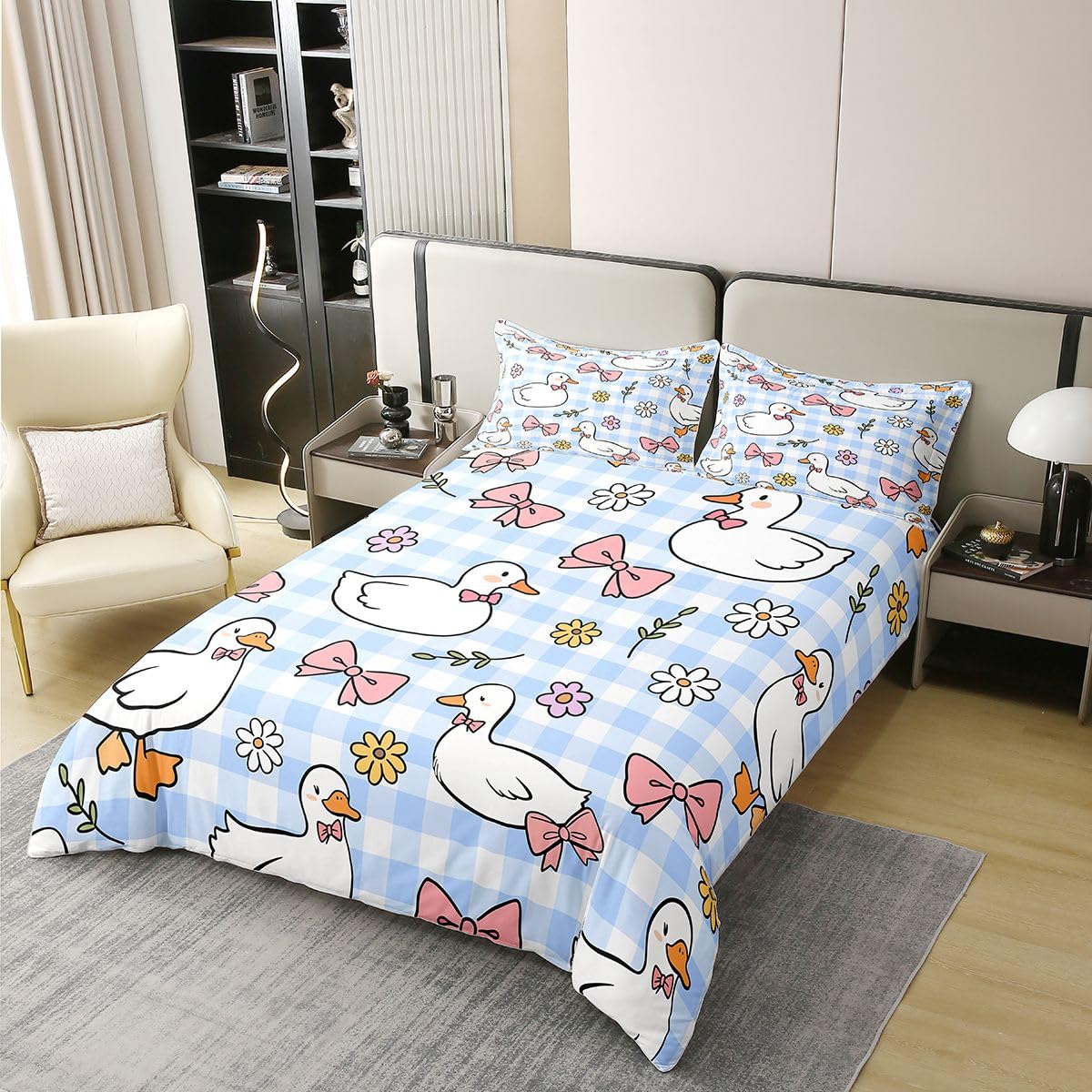 Loussiesd Kawaii Duck - Funda de edredón 100 % algodón, tamaño doble, para