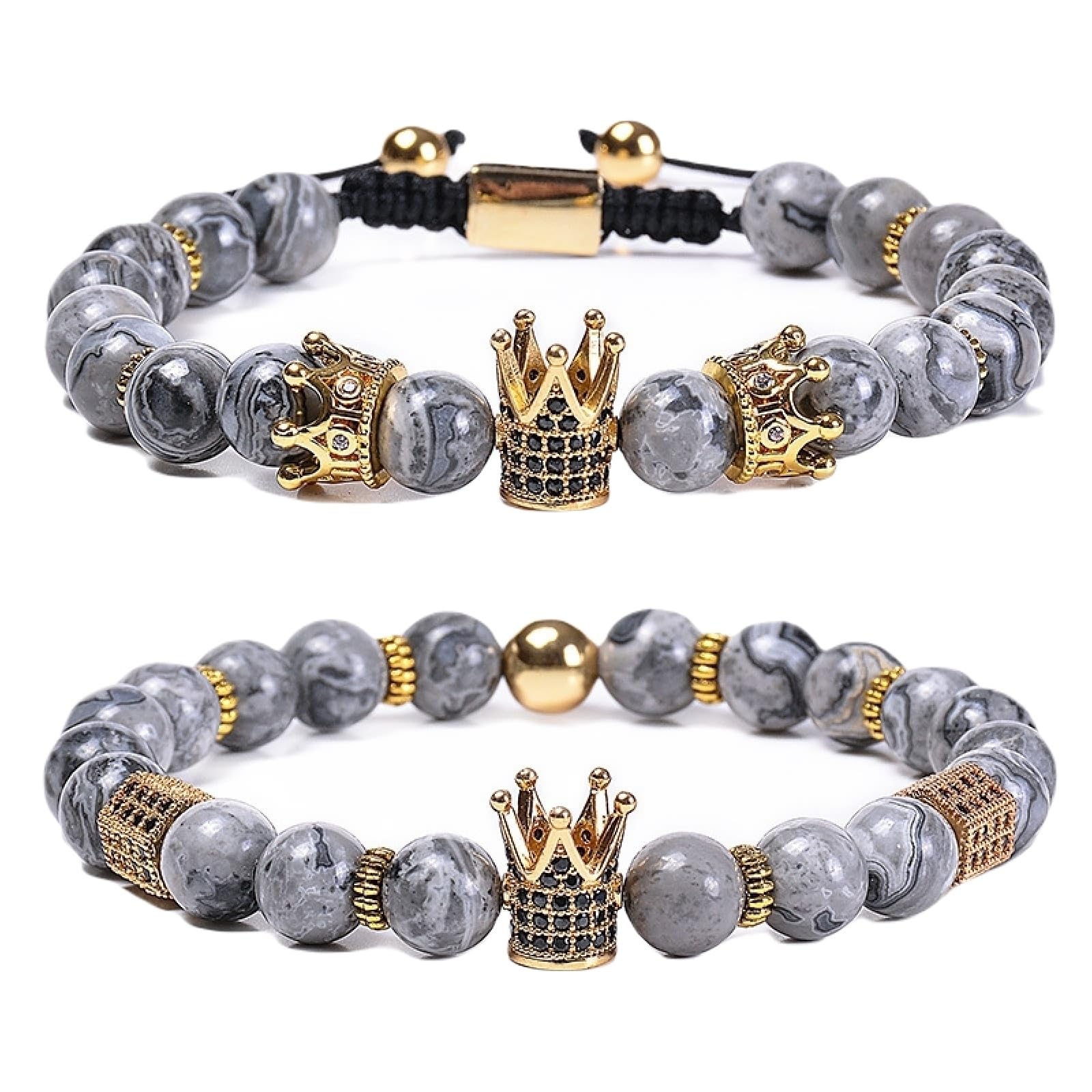 Wycian Armband für Frauen, Zirkonia Armband Herren Perlen Achat Kristall Grau Metalllegierung Elastische Natursteinperlen mit Krone 18cmx8mm Naturstein