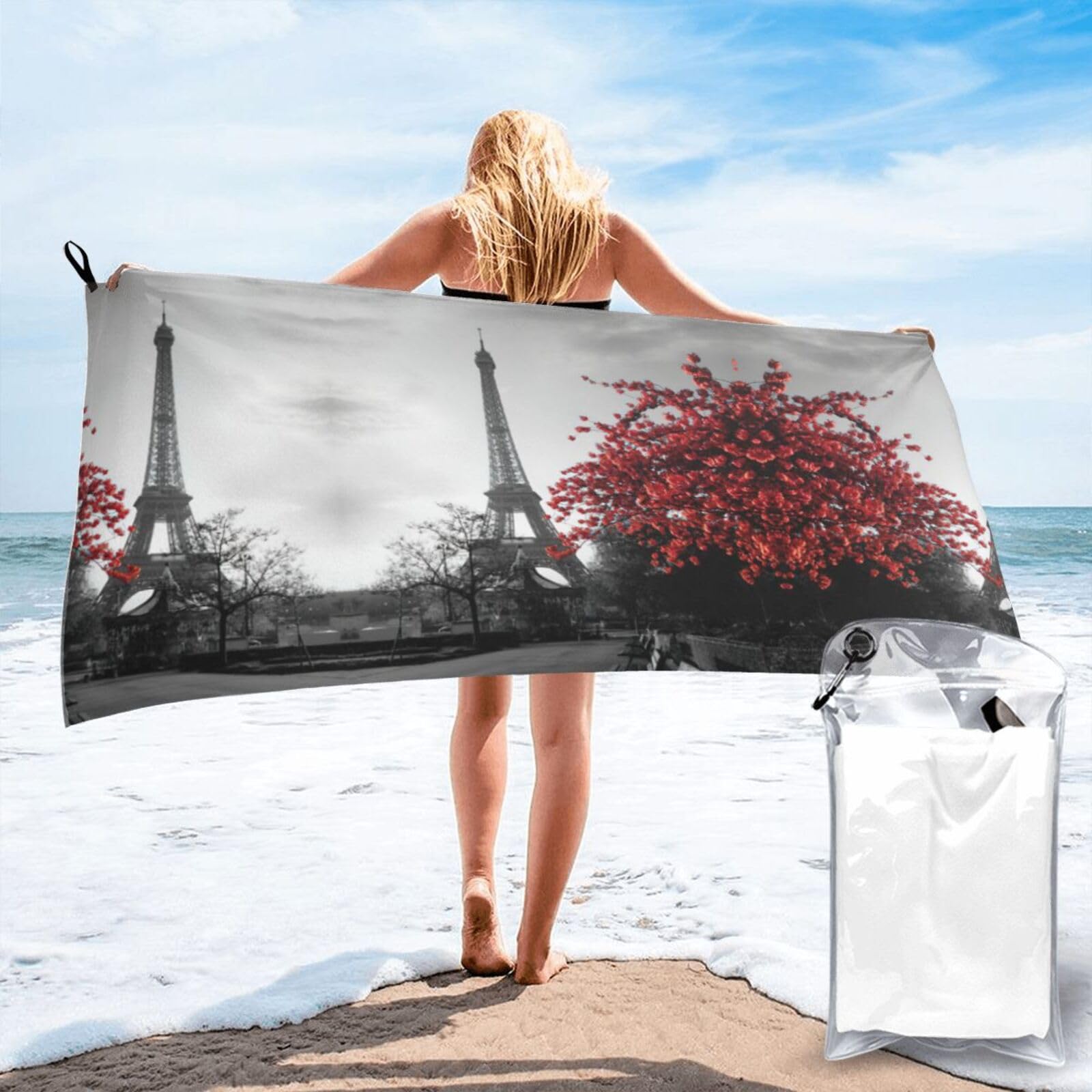 FHIZOAL Grey Paris Eiffel Tower Cityscape Red Flower Quick Dry Towel Microfibre Towel Super Absorbent Ultra Compact Gym Sports Beach Camping Travel