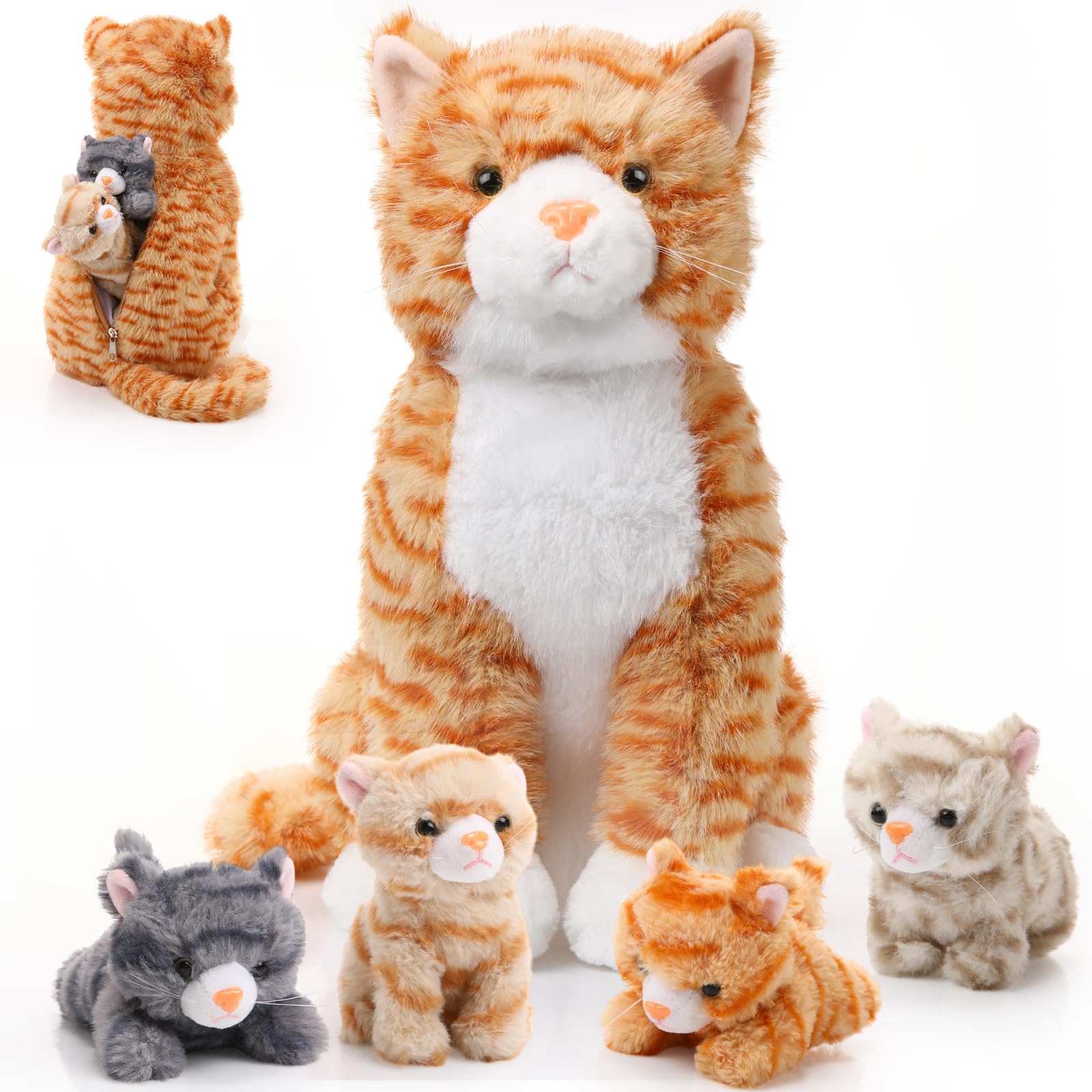 HyDren 5 Pcs Cat Stuffed Animal 13.78 Inch Large Plush Cat Mommy with 4 Kittens for Boys Girls Plush Toy, Birthday Gift, Valentine Gift(Orange)