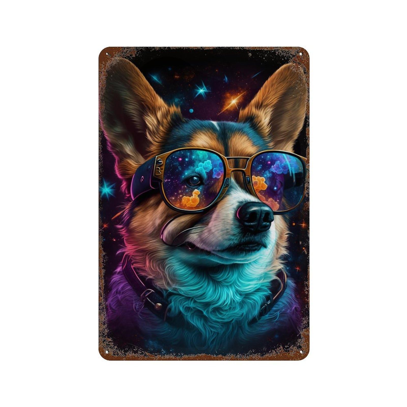 Cosmic Corgi Sunglasses 11.8"x7.9" Rustic Tin Plaque, Industrial Home Decor for Farmhouse, Kitchen And Entryway Decor
