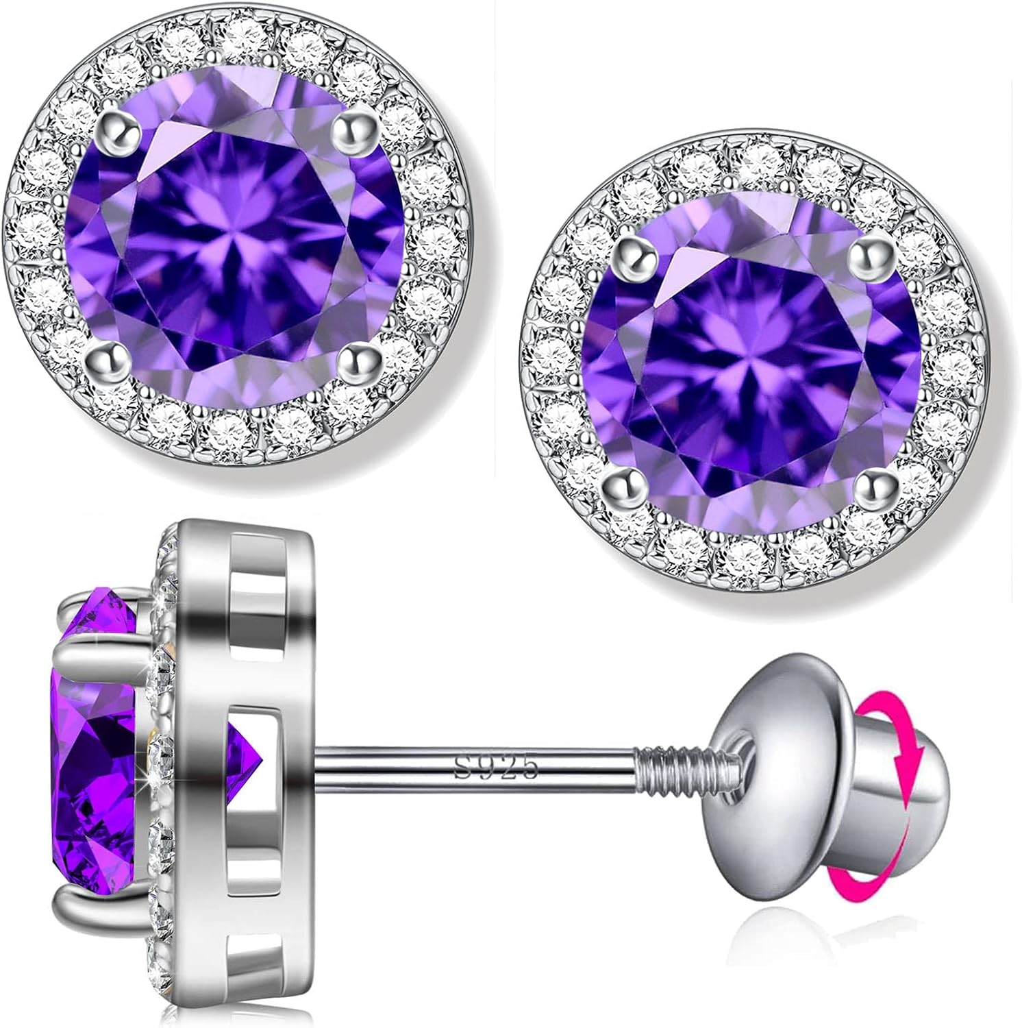 Birthstone Stud Earrings for Women with Screw Back 925 Sterling Silver Birthday Anniversary Christmas Earrings Jewelry for Wife Girlfriend Mom