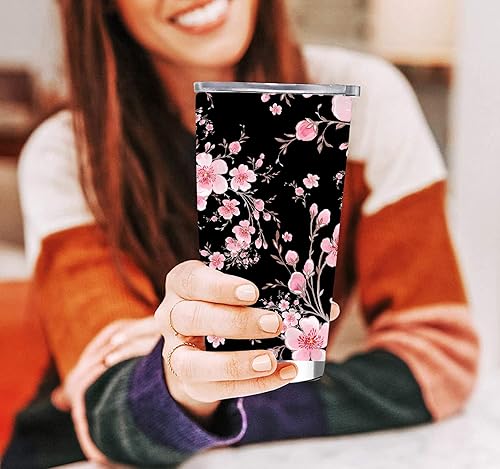 Miniatura 3 de Sakura - Vaso de viaje de 20 onzas, acero inoxidable, aislado al vacío, con tapa y pajilla, para café con tapa y popote para hombres y mujeres