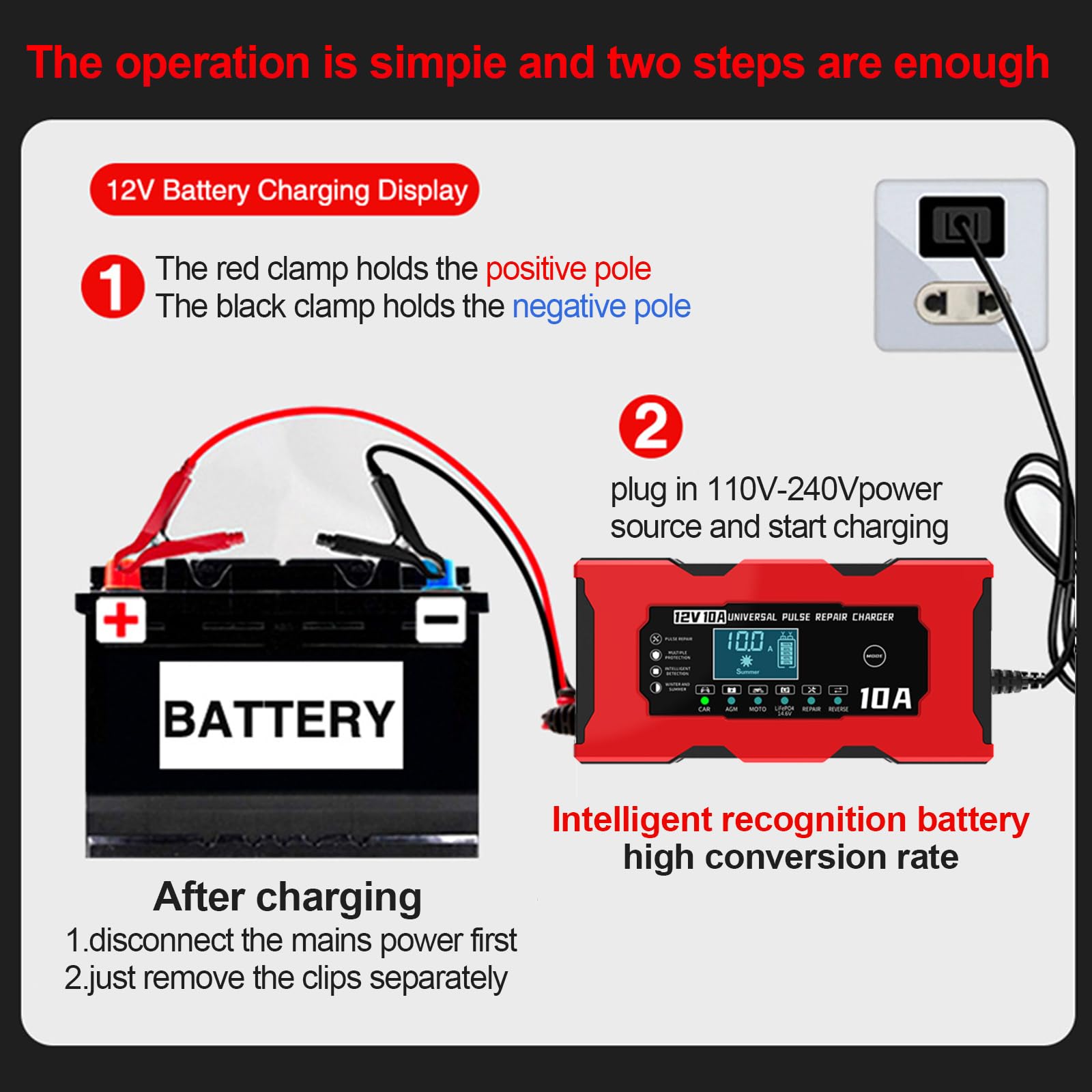 YONHAN Caricabatteria da Auto,10A 12V LiFePO4 Multi Protezioni Carica Batteria,Intelligente Schermo LCD Carica Batterie Completamente Automatico per Moto,Barche, Auto, Batteria AGM/Acido di piombo