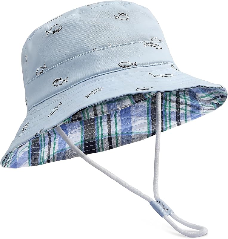 Sombrero para el sol para bebé UPF 50+ Sombreros de cubo para niños pequeños de ala ancha para niños de 0 a 8 años | Protección solar ligera de verano para playa, parque, viajes, escuela, guardería, correa de barbilla ajustable, forro a cuadros de algodón