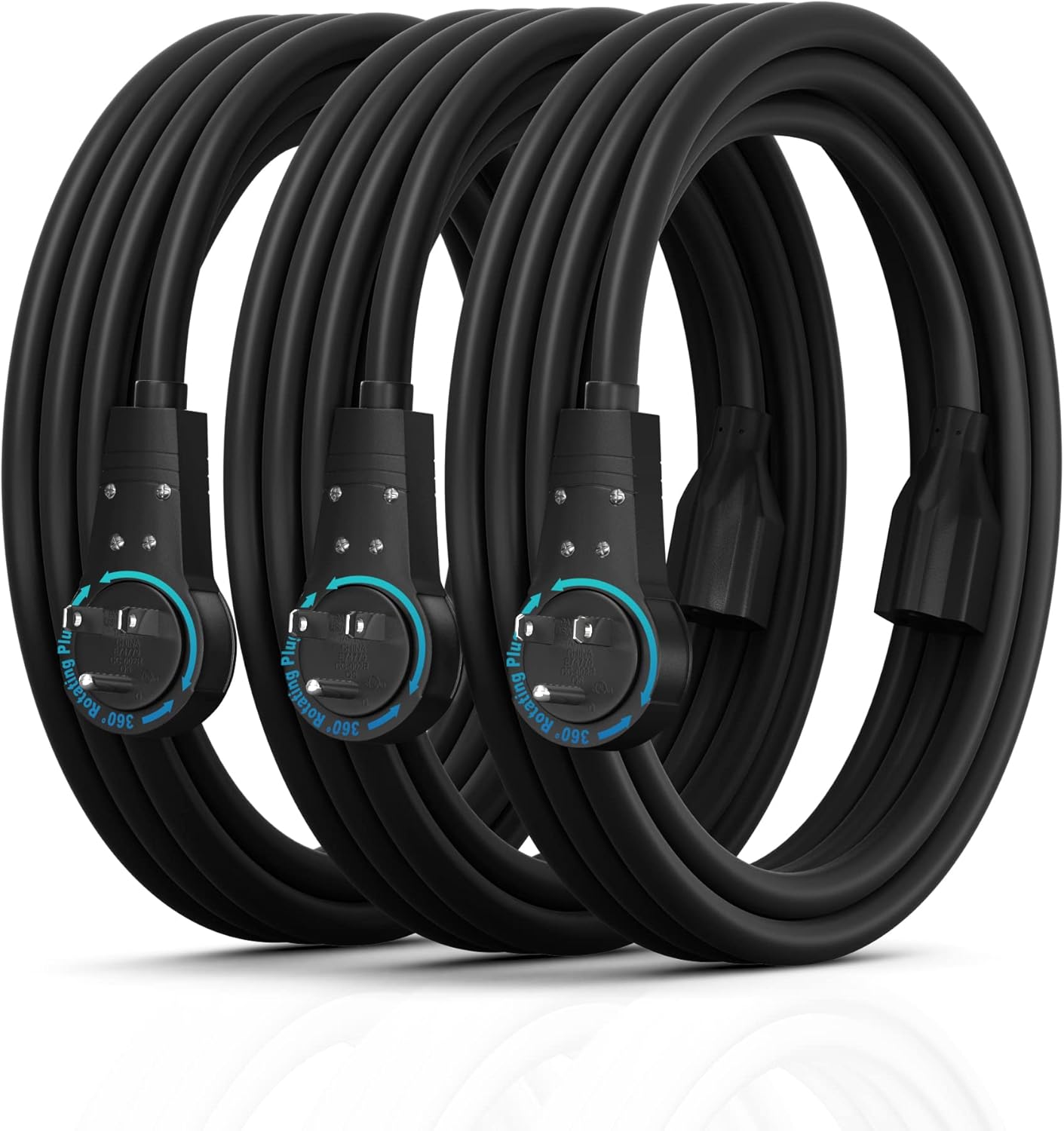 Maximm Cable 15 Feet (3 Pack), 360° Rotating Flat Plug Extension CordWire, 3 Prong Grounded Wire 16 Awg Power Cord - Black - UL Certified