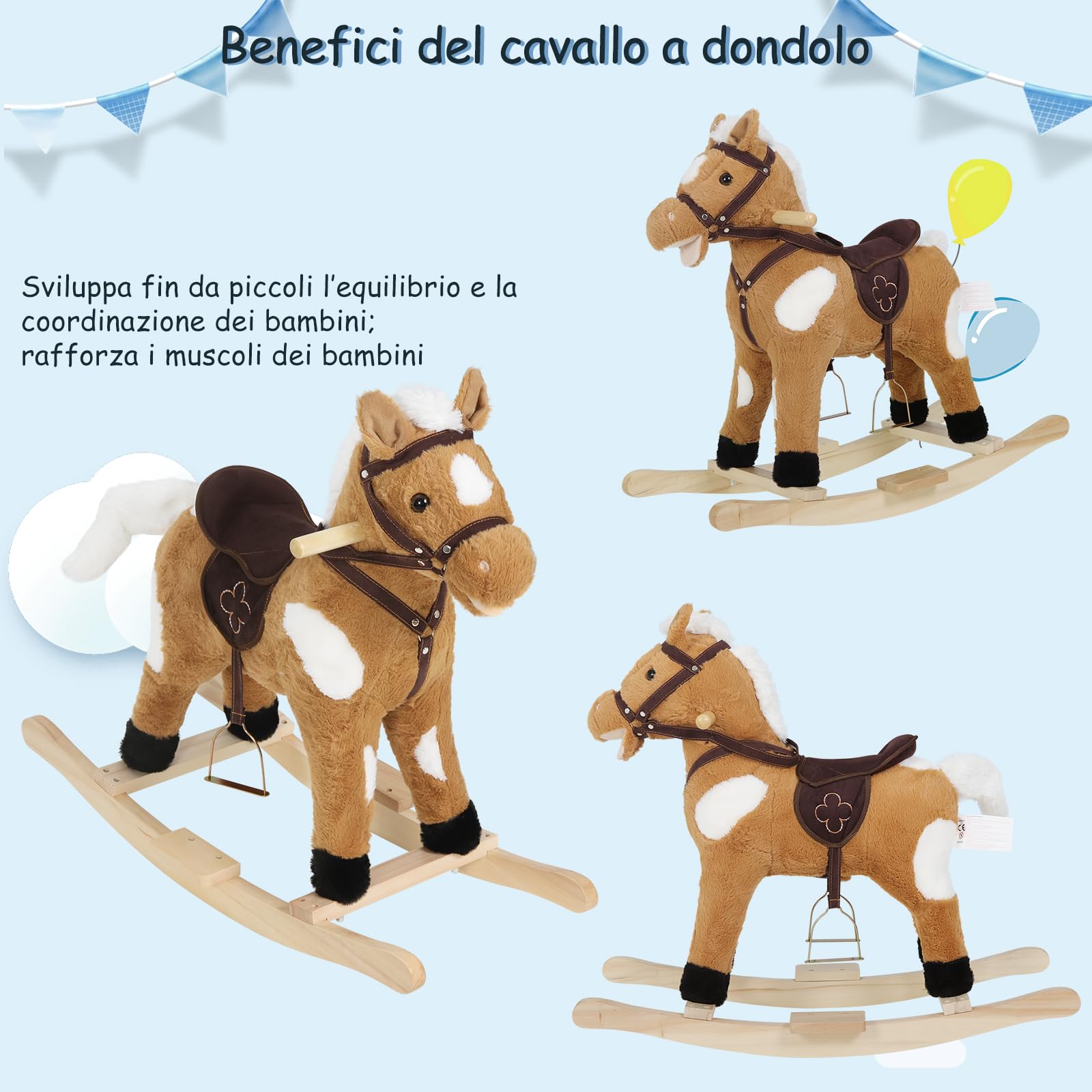 WOLTU Cavallo a Dondolo in Legno per Bambini, Cavalluccio Cavalcabile in Peluche con Suoni, Giocattolo Regalo per Bimbi 1/2/3 Anni, Marrone e Bianco