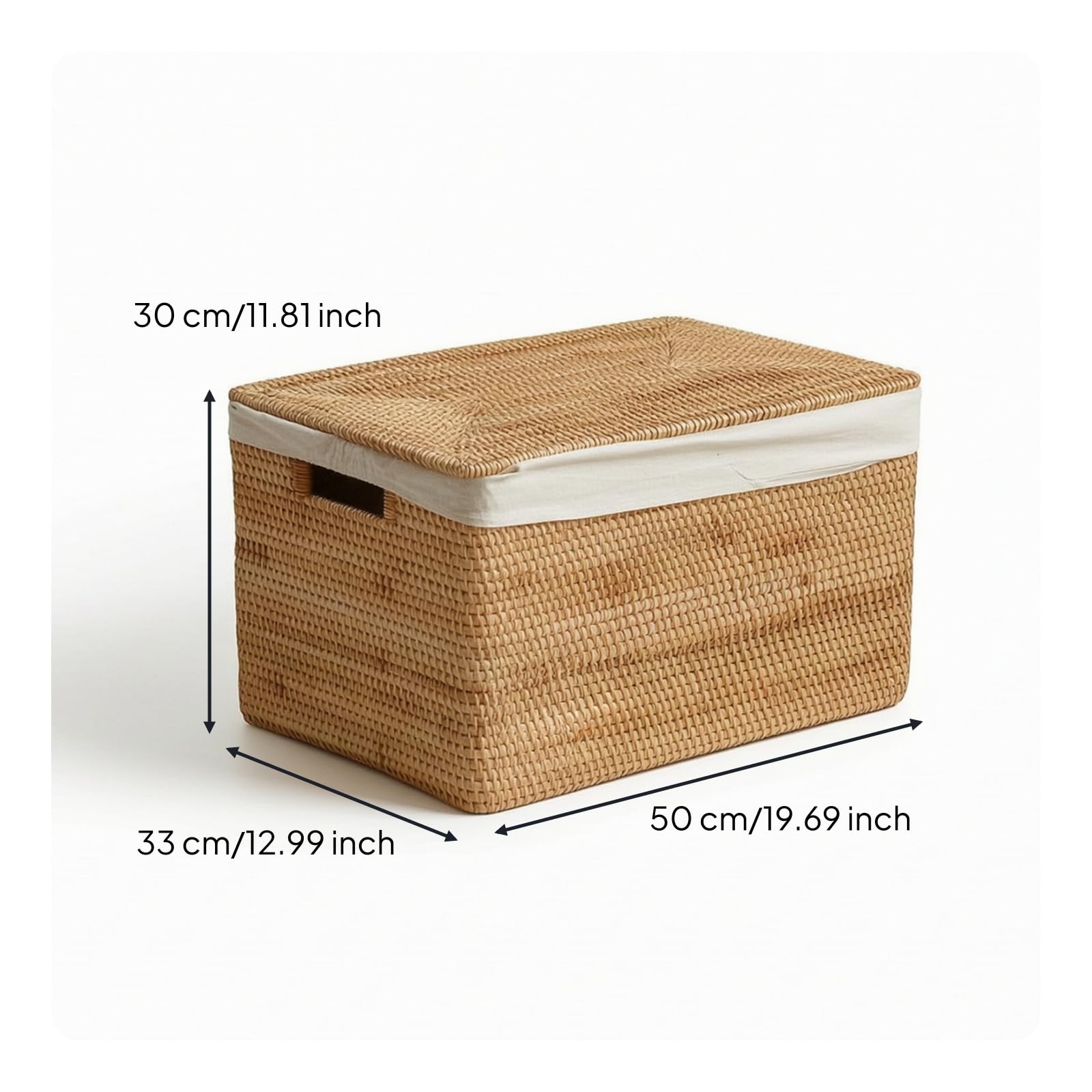 Cesta de Almacenamiento Cesta Organizadora Caja Contenedor con Tapa de Ratán Natural Tejido Firme con Asideros Pertenencias Polvo Adecuada para Dormitorio Salón Armario Estudio, 50x33x30cm