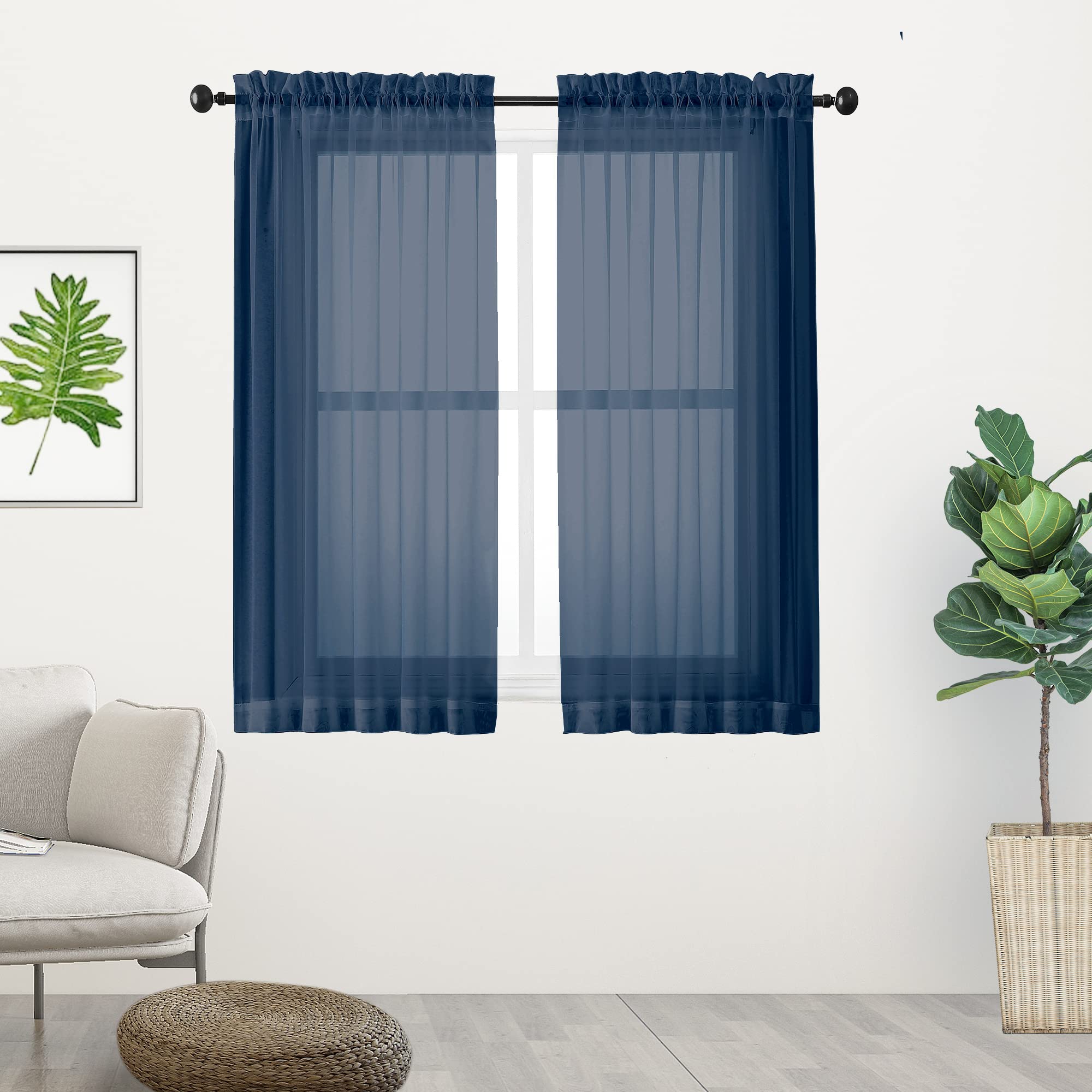 Chyhomenyc Voile Sheer Curtain Panels 45in Long 2 Pack, Short Bathroom Window Curtains for Small Window/Living Room/Guest Room/Basement, Airy Light Filtering Drapes, 42W x 45L inch, Navy Blue