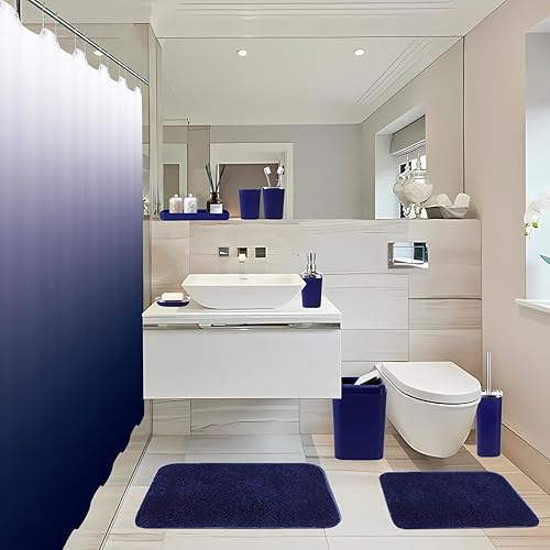 Miniatura 7 de Juego de baño azul marino de 24 piezas con cortina de ducha y alfombra y accesorios, juegos de baño azules completos con basura, dispensador de