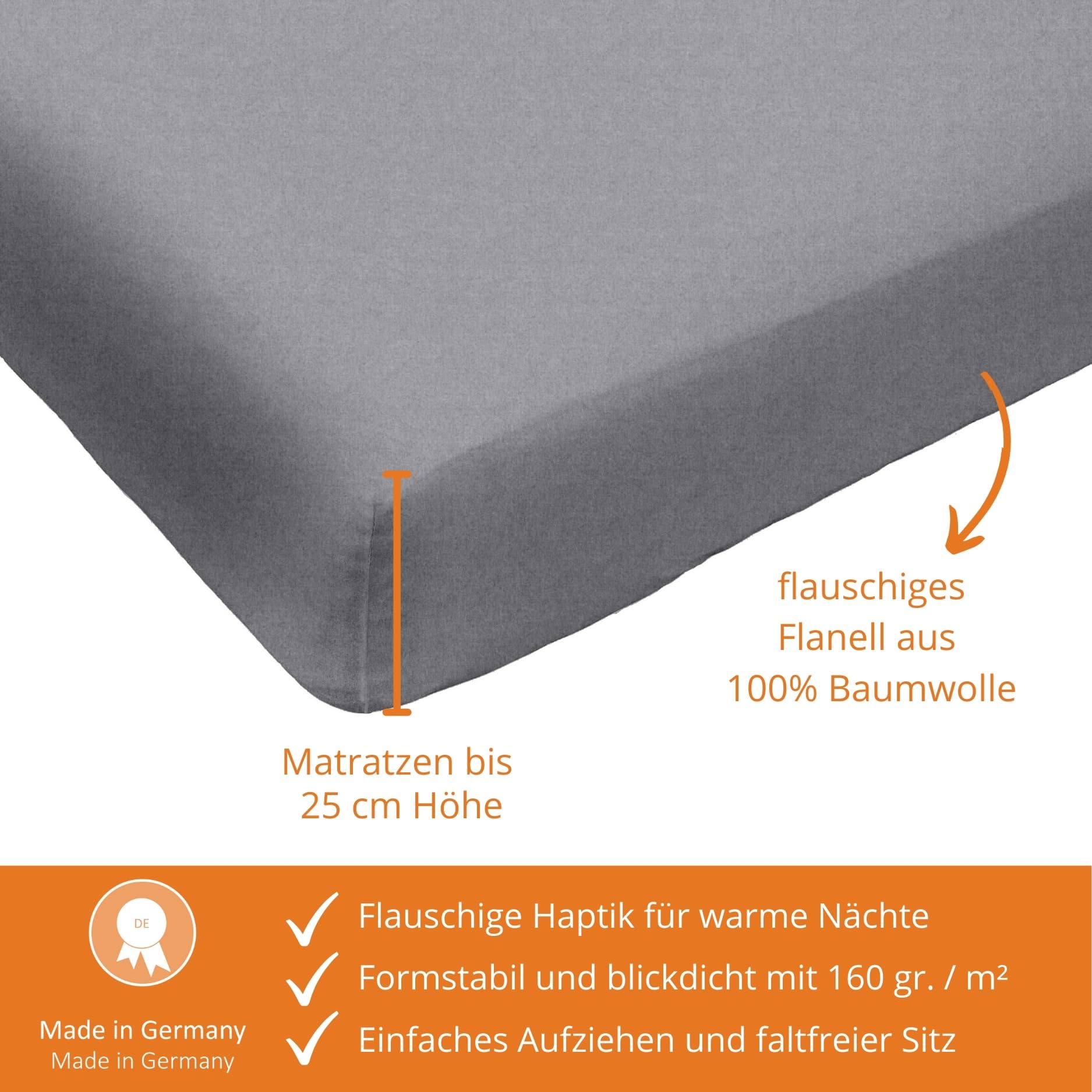 sleepling Flanell Melange Spannbettlaken 180x200 cm, 100% Baumwolle, Spannbetttuch 180 x 200 cm, Blickdicht & Weich, Rundumgummizug, 30cm Steghöhe, Made in Germany, Oeko-TEX, Waschbar, Mittelgrau