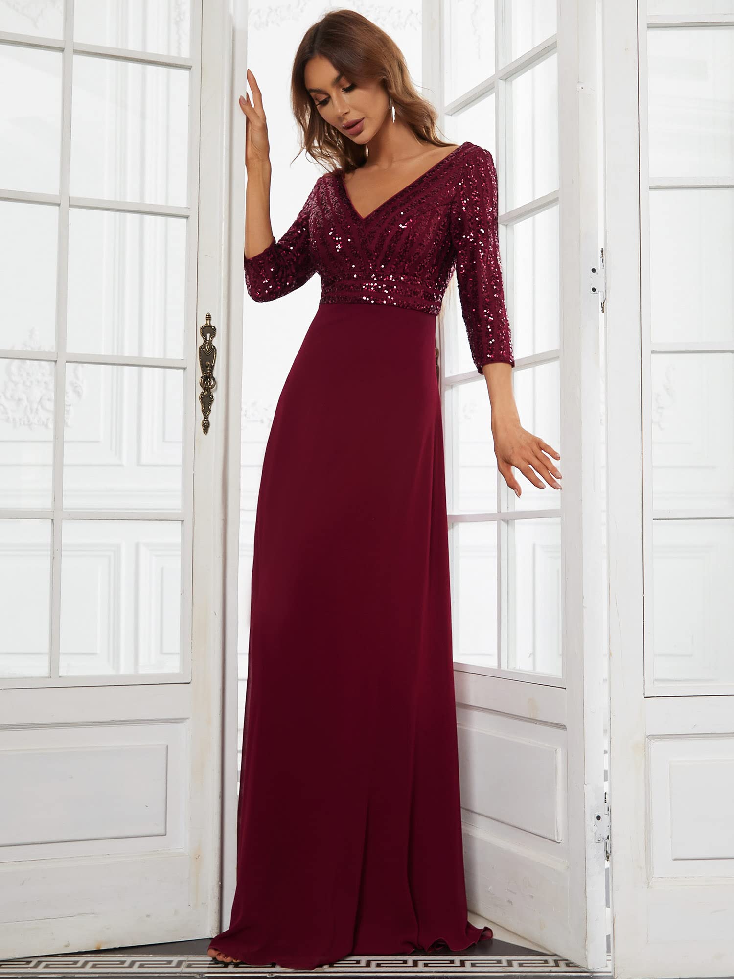 Ever-Pretty Vestido de Fiesta Lentejuelas Manga Larga Mujer A-línea Escote en V Imperio Elegant 00751