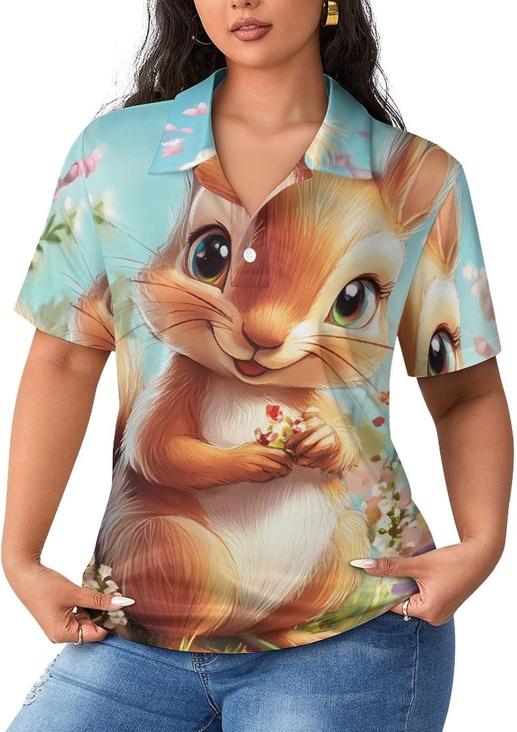 Cute Squirrel with Flowers Womens Golf Polo Shirts Summer Short Sleeve Collared 3 Buttons T Shirt Activewear Tops
