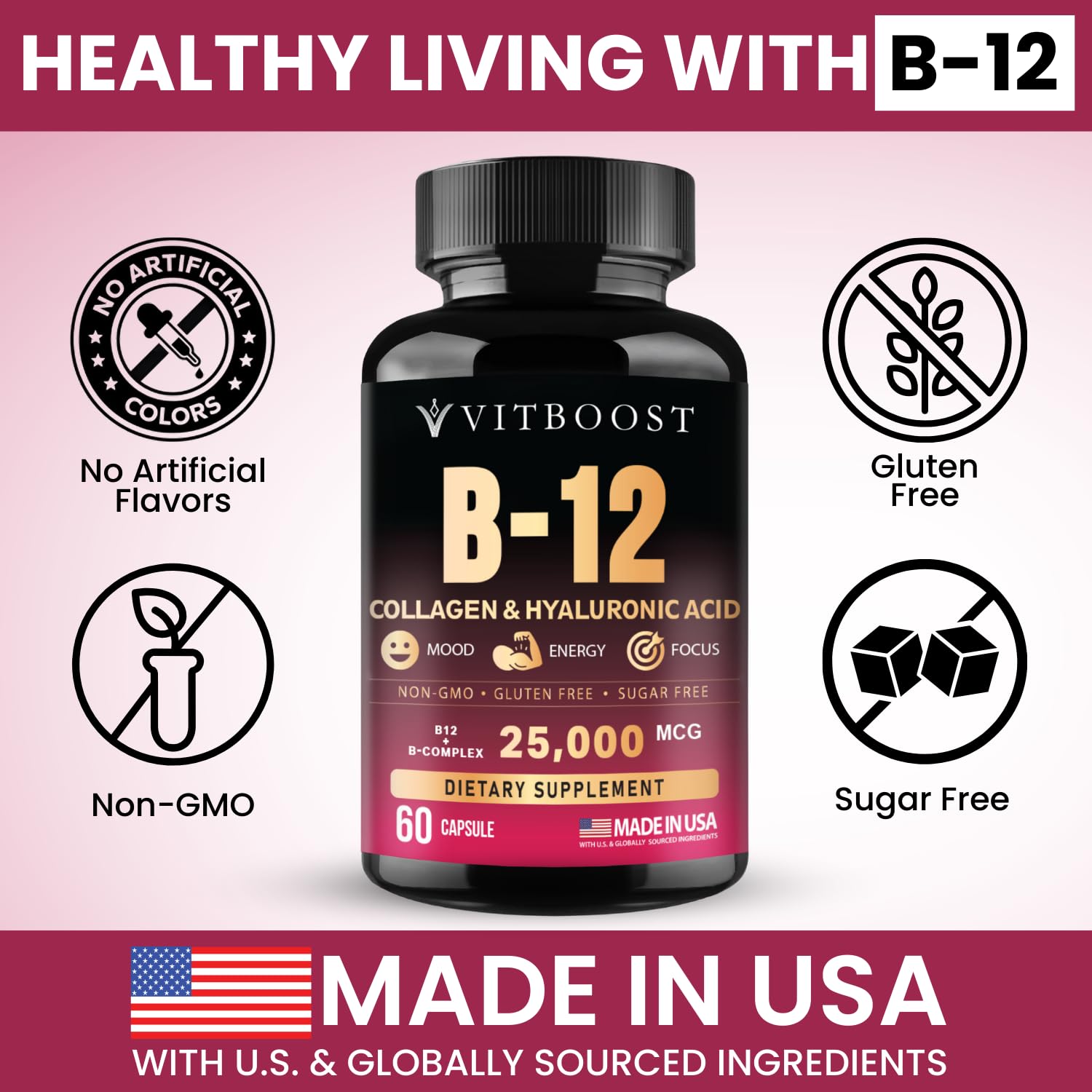 Amazon.com: B12 with Hyaluronic Acid, Collagen and Folate  25000 mcg B12  Complex | Maximize Absorption & Energy | Gluten Free USA Made, B1, B2, B3,  B6, B7, B12 vitamins 5000 mcg