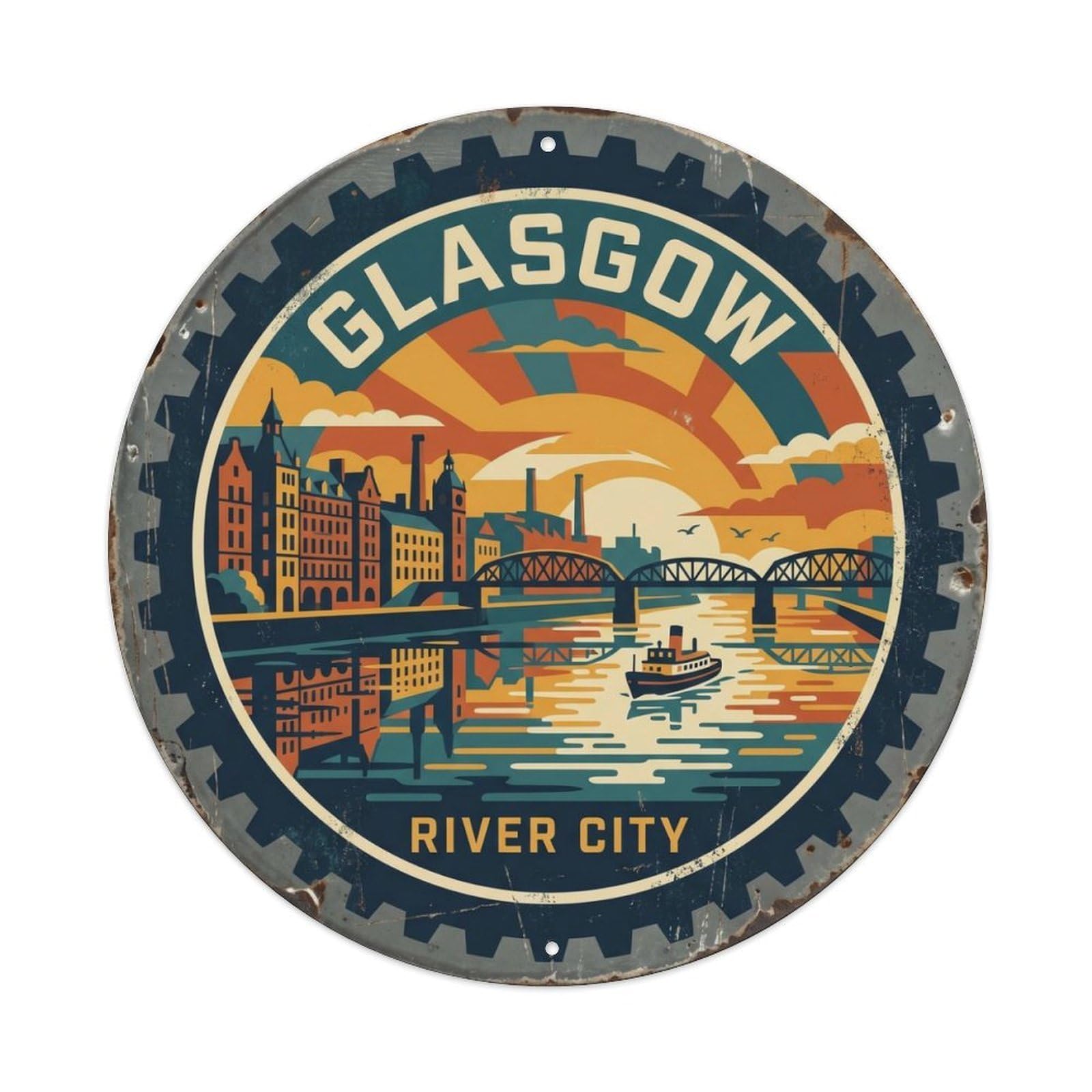 Vintage Travel Glasgow Riverside Scotland Metal Tin Sign Plaque Wall Decor for Cafe, Club, Garden Round Metal Poster 8x8Inch