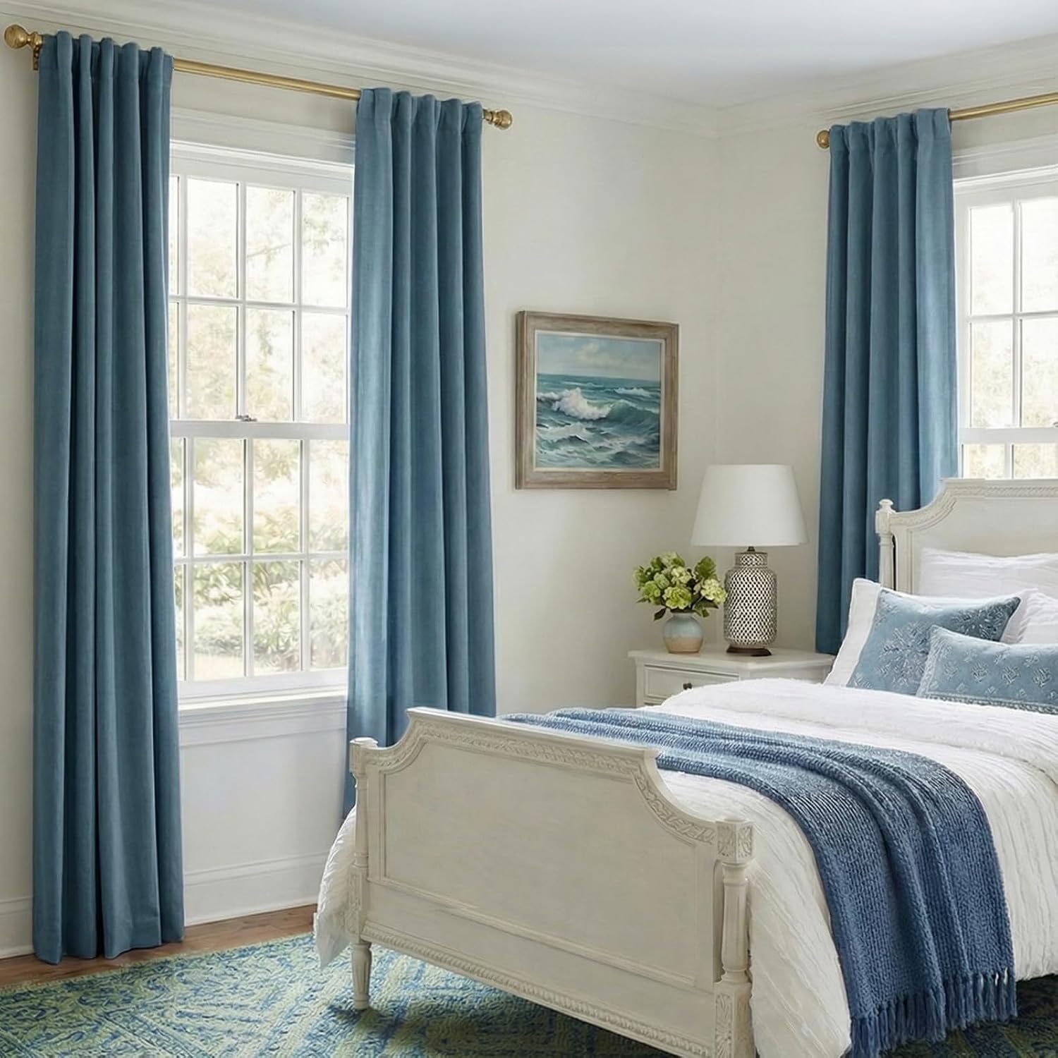 INOVADAY 100% Blackout Curtains 84 Inches Length 2 Panels Set, Back Tab/Rod Pocket Linen Black Out Curtains for Bedroom, Thermal Insulated Window Drapes - Slate Blue, W50 X L84 thumbnail