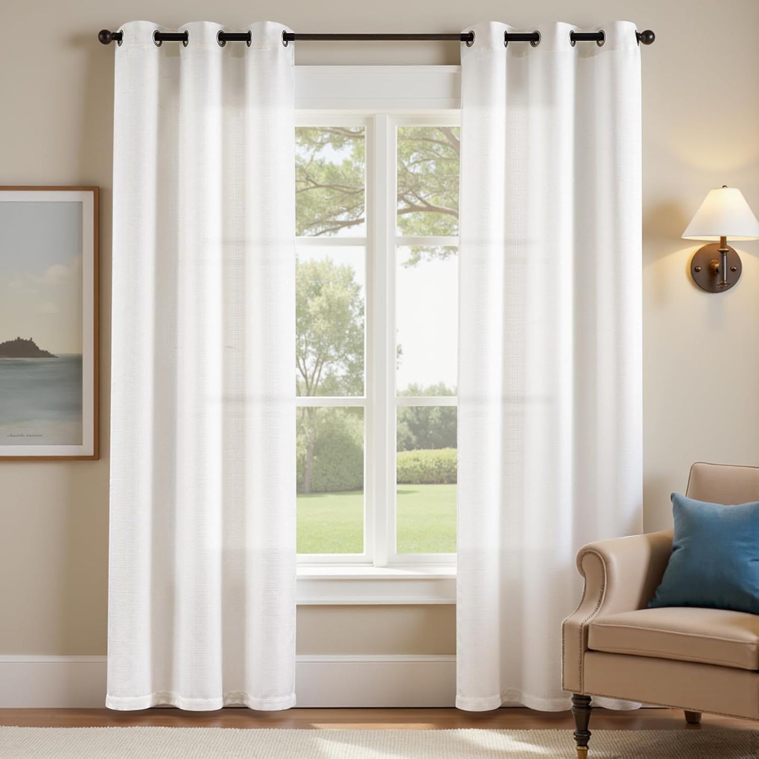 jinchan White Linen Textured Curtains 90 Inch Long 2 Panels for Living Room Grommet Top Light Filtering Window Drapes for Bedroom