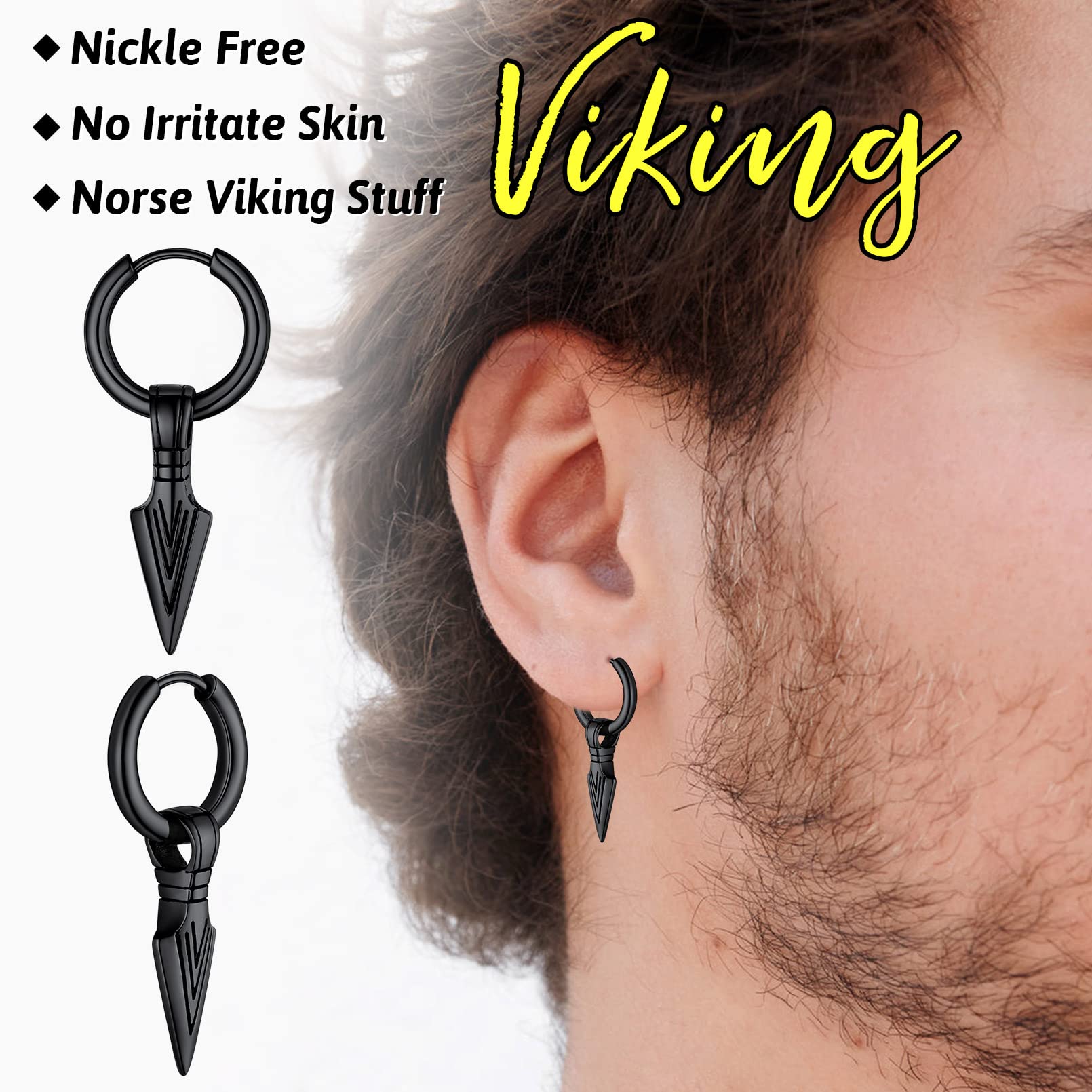 FaithHeart Pendientes Vikingos Hombres Acero Inoxidable 316L Aros con Colgante Vikingo Punta Flecha Lanza Calavera Joyería Hippie