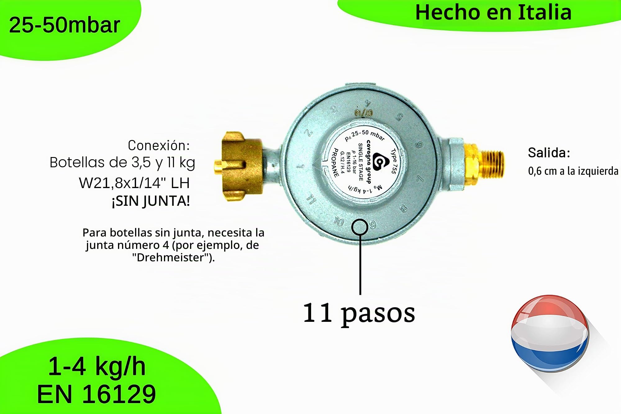 CAVAGNA Regulador de Baja presión 25-50mbar Regulador de presión de Gas Ajustable de 11 etapas para Parrilla de Gas, Calentador Radiante, Calentador Radiante para terraza, Olla
