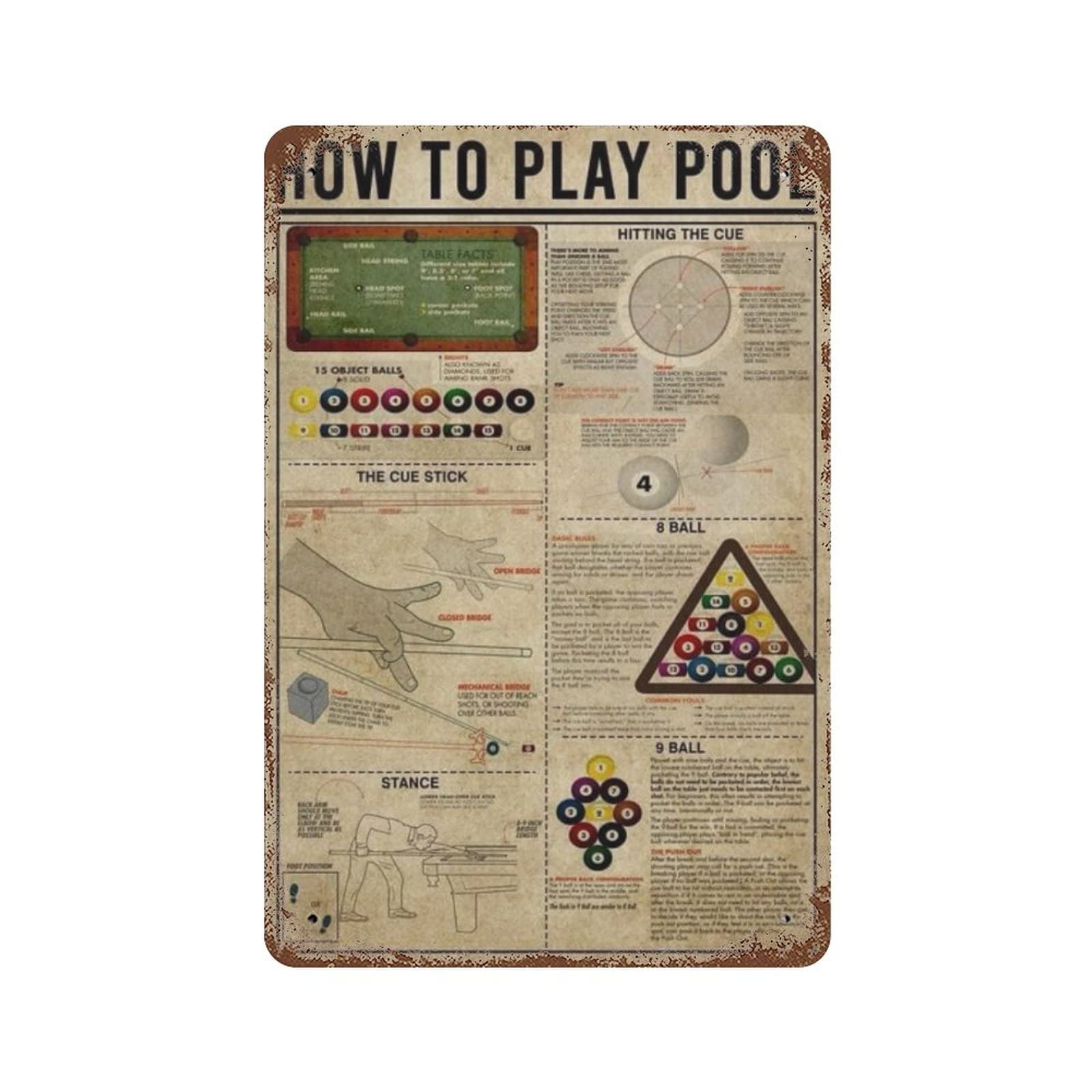 How to Play POOL Metal Sign Retro Billiards Knowledge Tin Sheet Wall Decor Plaque, Billiard Teaching Metal Sign Opening Decor Gift 12x8 inches
